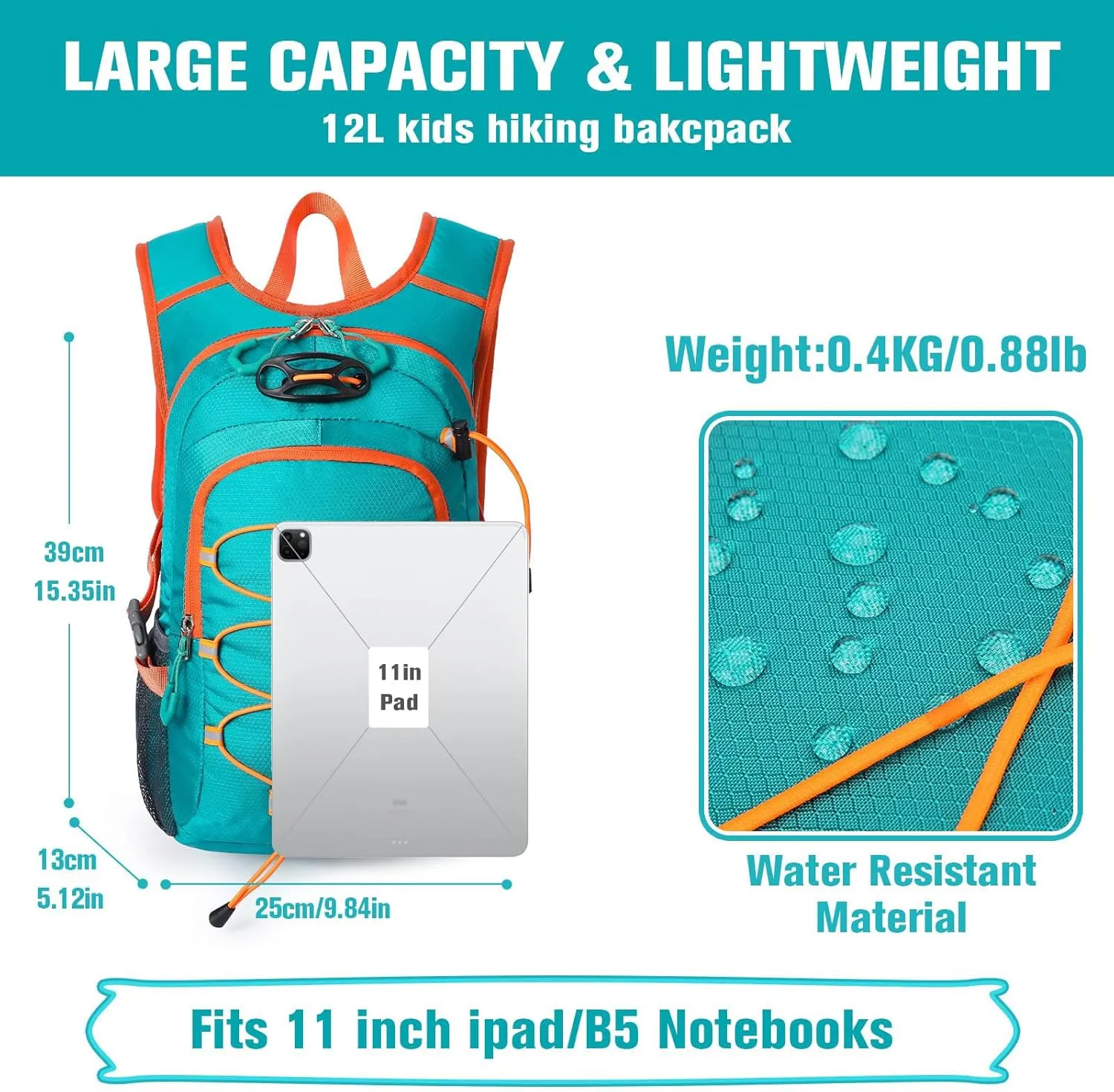 12L Kids Hiking Backpack, Small Hydration Backpack, Waterproof Kids Camping Daypack 5-12, No Water Bladder