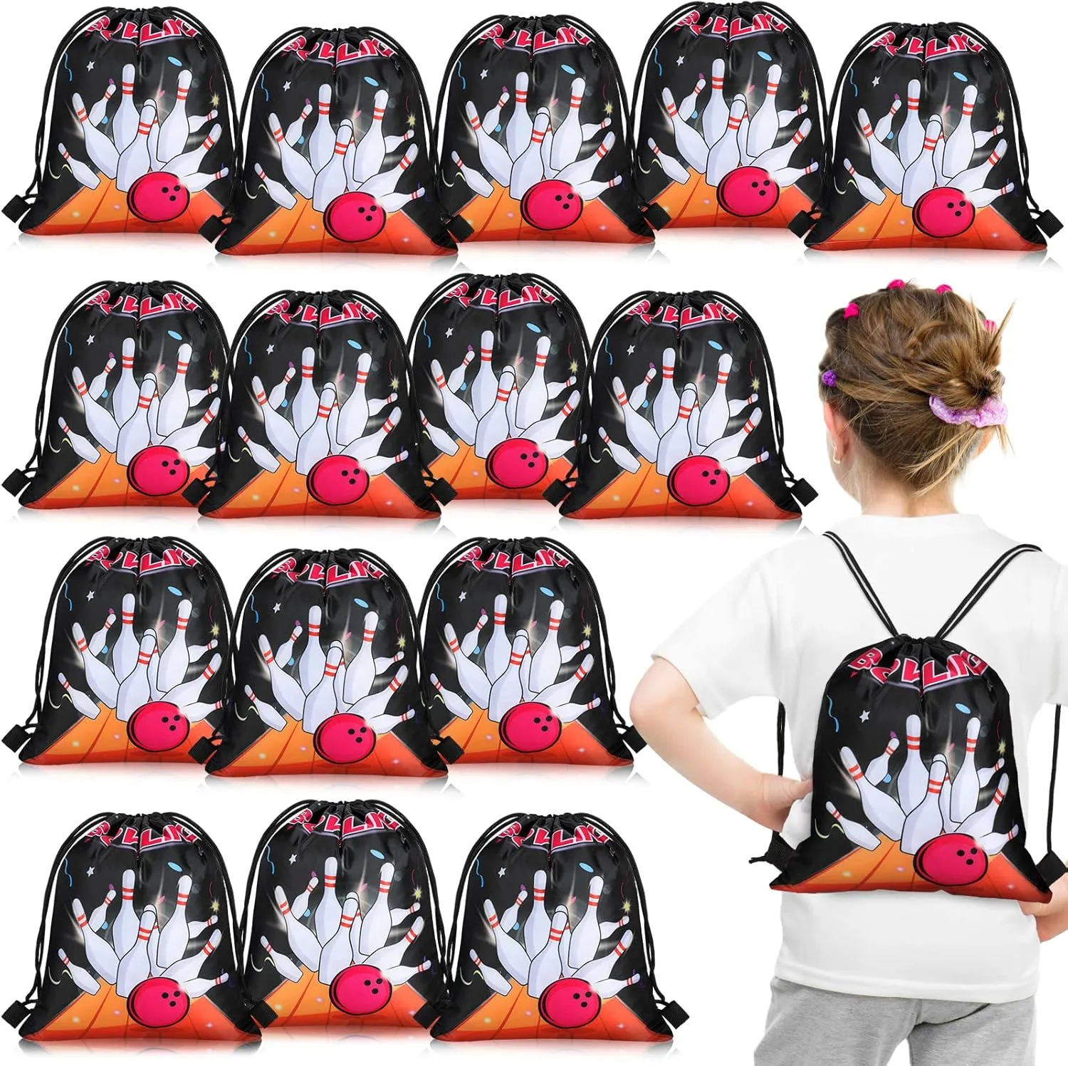16 Pcs Bowling Party Favor Bags Supplies Gift Drawstring Bags Bowling Treat Candy Goodie Pouch for Party(Bowling Style)