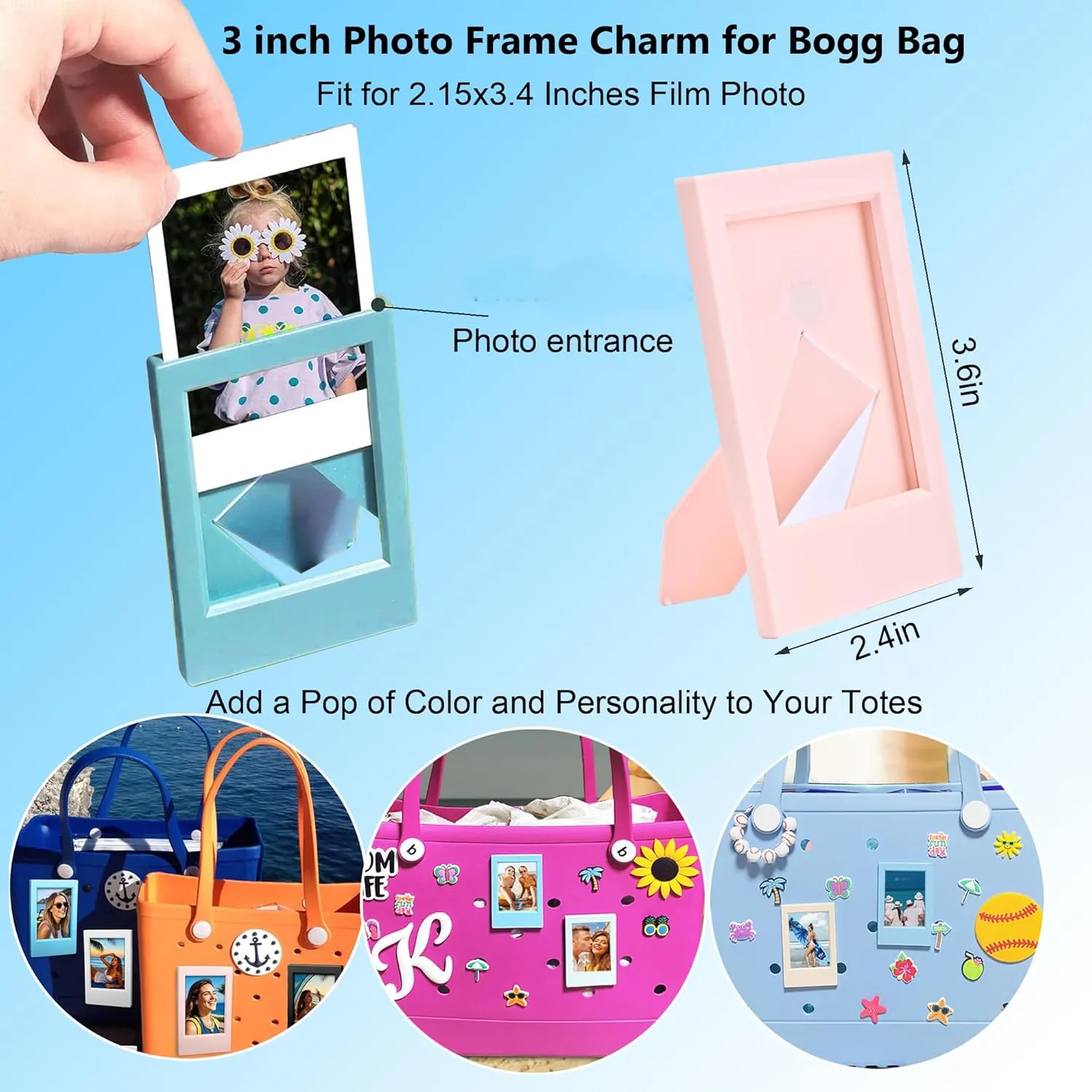 2 in 1 Picture Frame for Bogg Bag Accessories, 2x3 Photo Frame for Fujifilm Instax 3-Inch Film, Custom Frame Charms for Beach Tote Bag(White 3PCS)