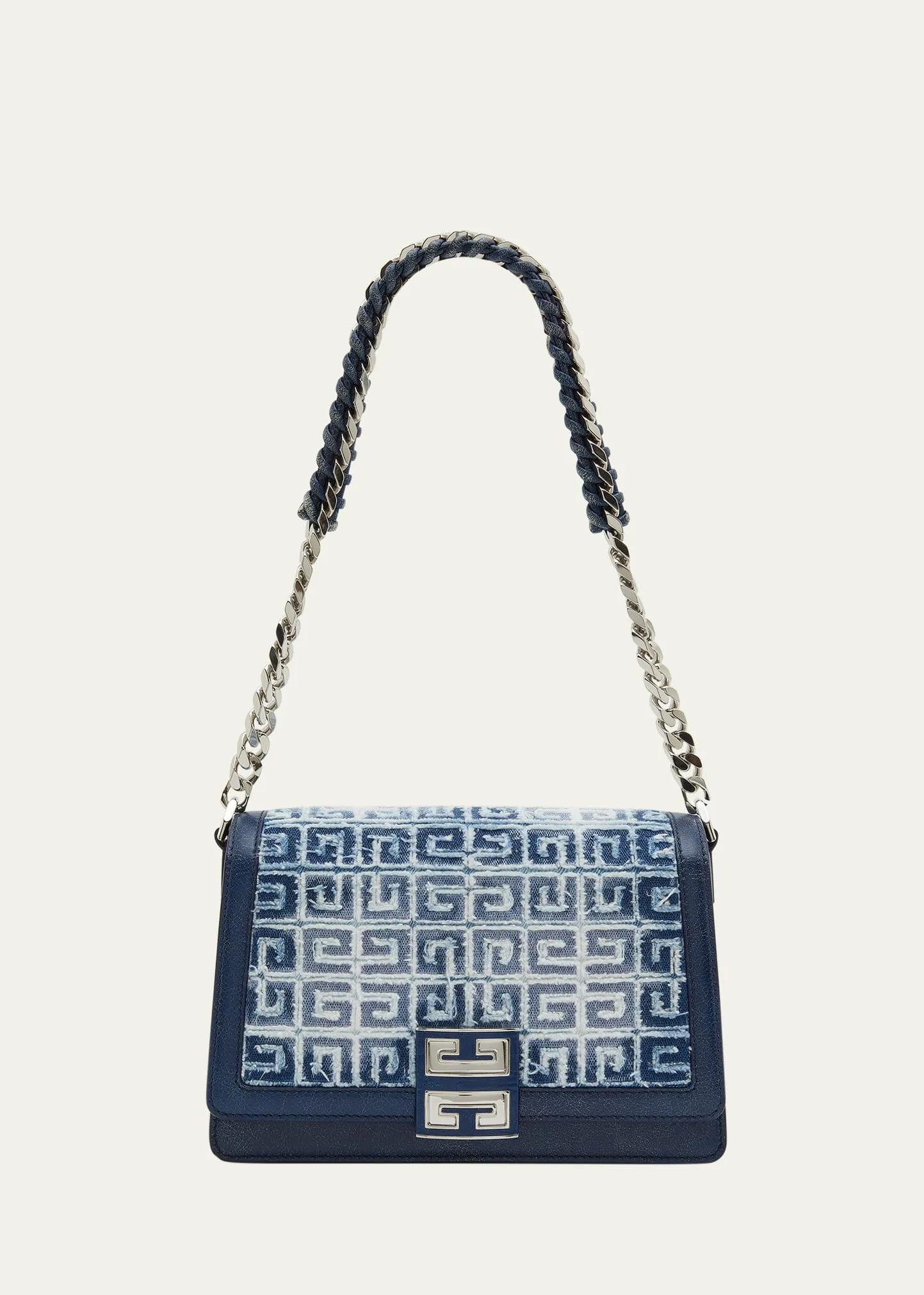4G Shoulder Bag in Distressed Denim with Woven Chain Strap