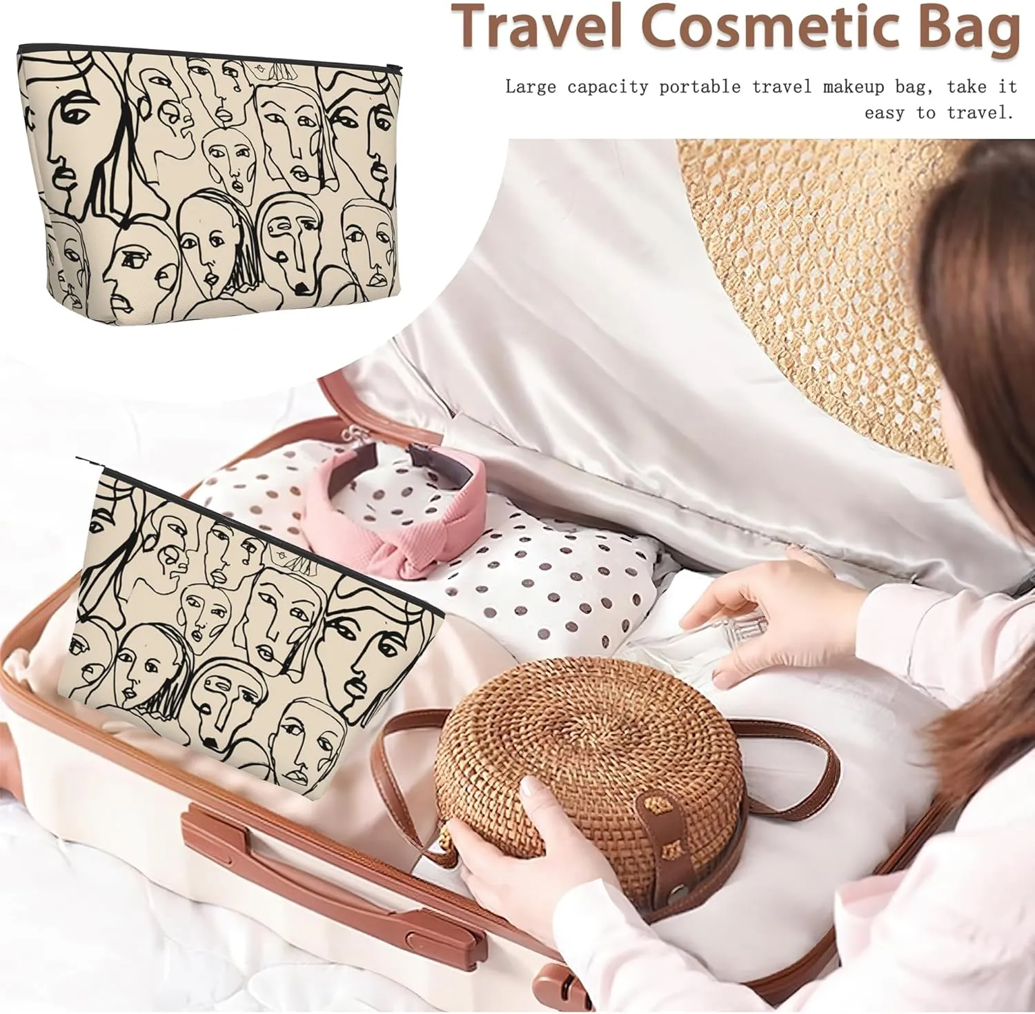 Abstract Line Art Cosmetic Bags for Women,Human Faces Small Makeup Bag for Purse Travel Toiletry Bag Make up Accessories Organizer Zipper Pouch Gift Idea