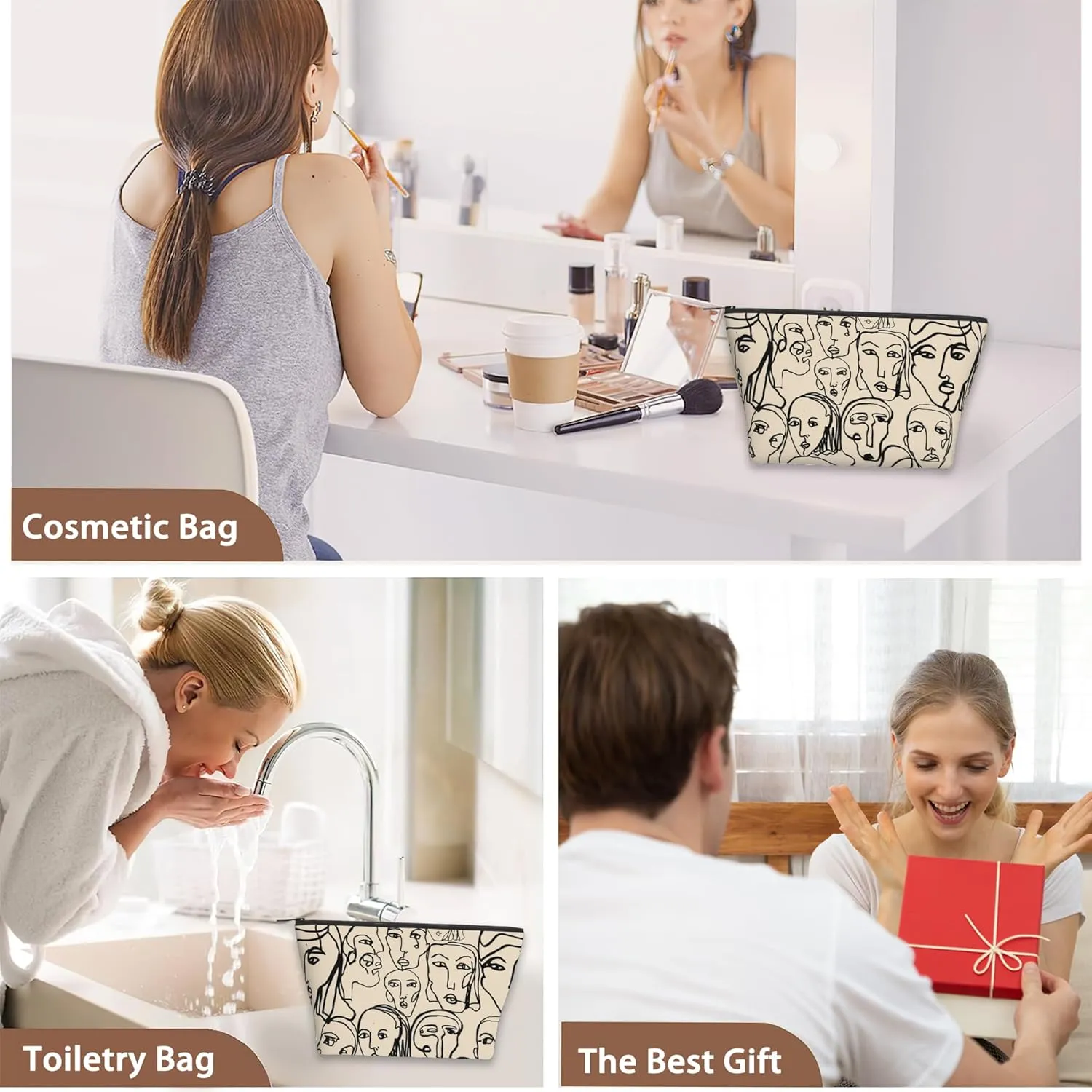 Abstract Line Art Cosmetic Bags for Women,Human Faces Small Makeup Bag for Purse Travel Toiletry Bag Make up Accessories Organizer Zipper Pouch Gift Idea