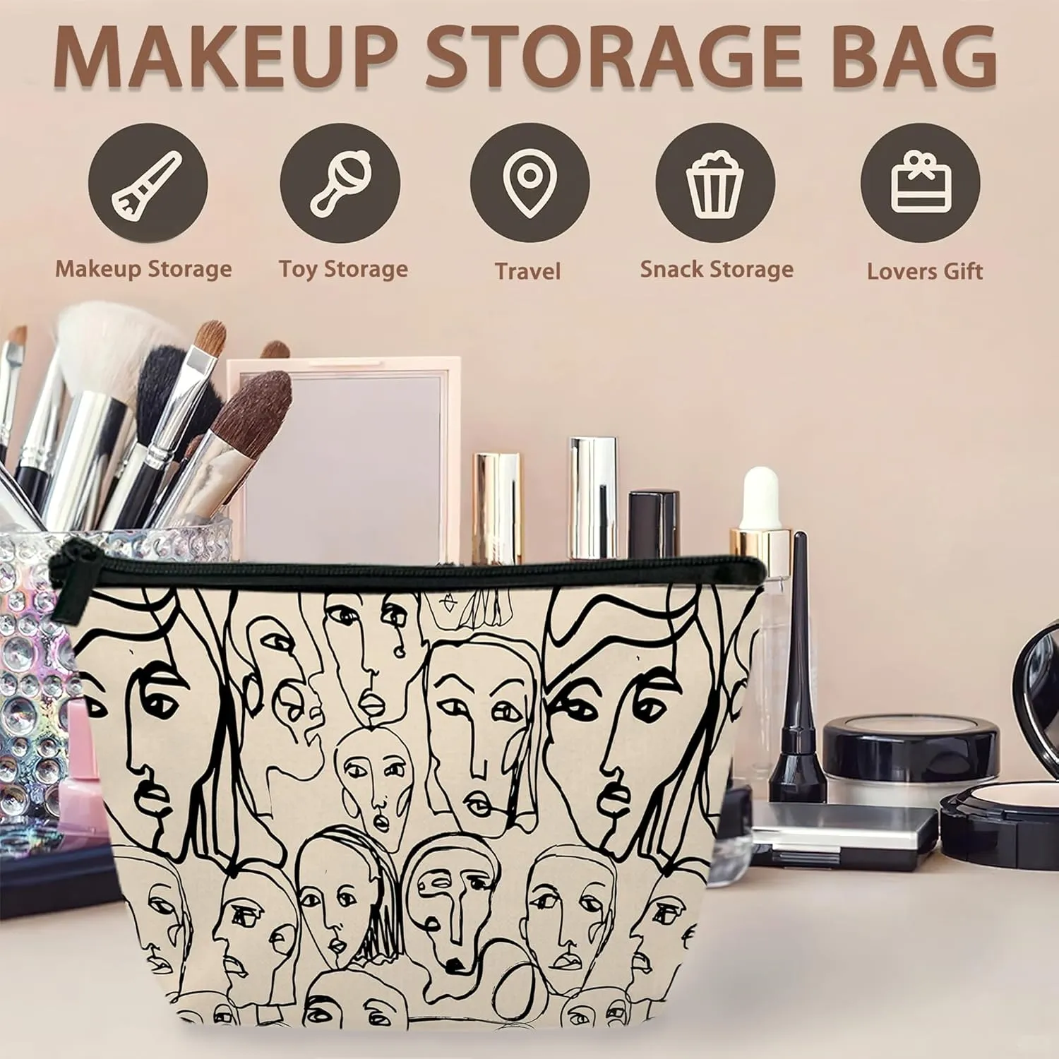Abstract Line Art Cosmetic Bags for Women,Human Faces Small Makeup Bag for Purse Travel Toiletry Bag Make up Accessories Organizer Zipper Pouch Gift Idea