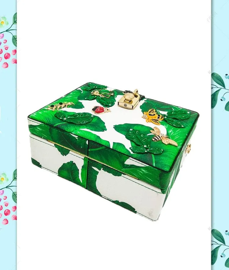 Animal Embroidery Beading Green Evening Bag Box Clutch