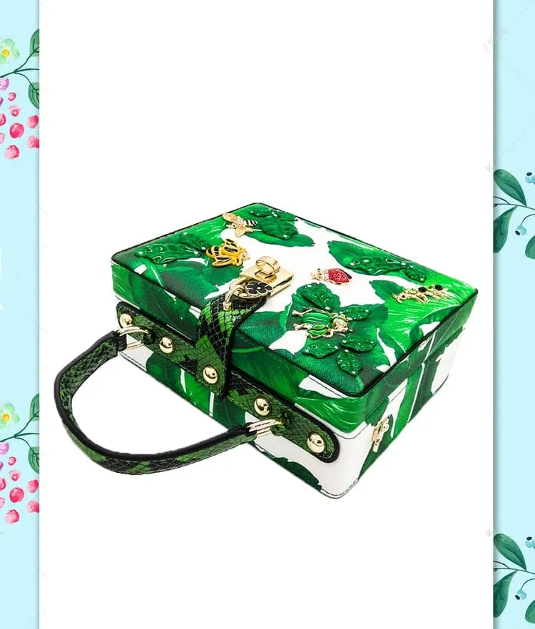 Animal Embroidery Beading Green Evening Bag Box Clutch