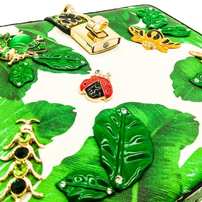 Animal Embroidery Beading Green Evening Bag Box Clutch