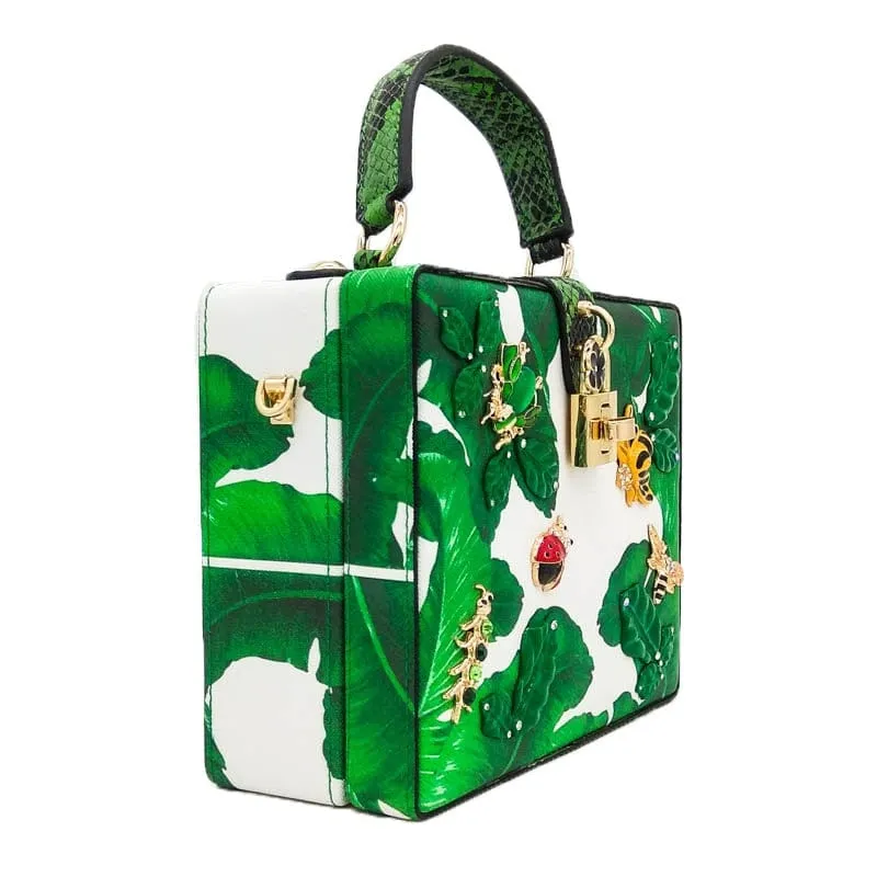 Animal Embroidery Beading Green Evening Bag Box Clutch