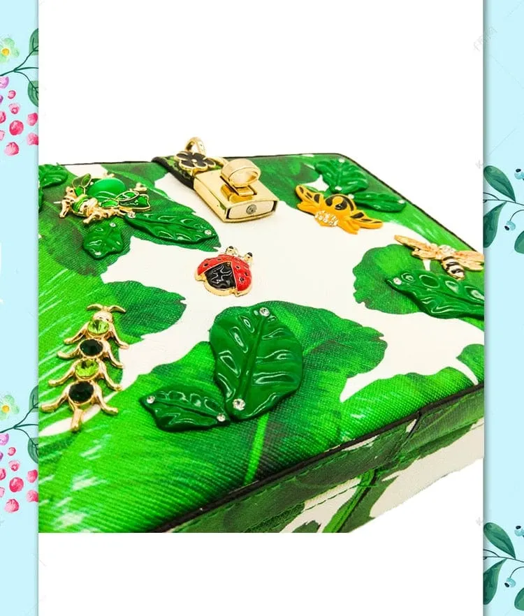 Animal Embroidery Beading Green Evening Bag Box Clutch