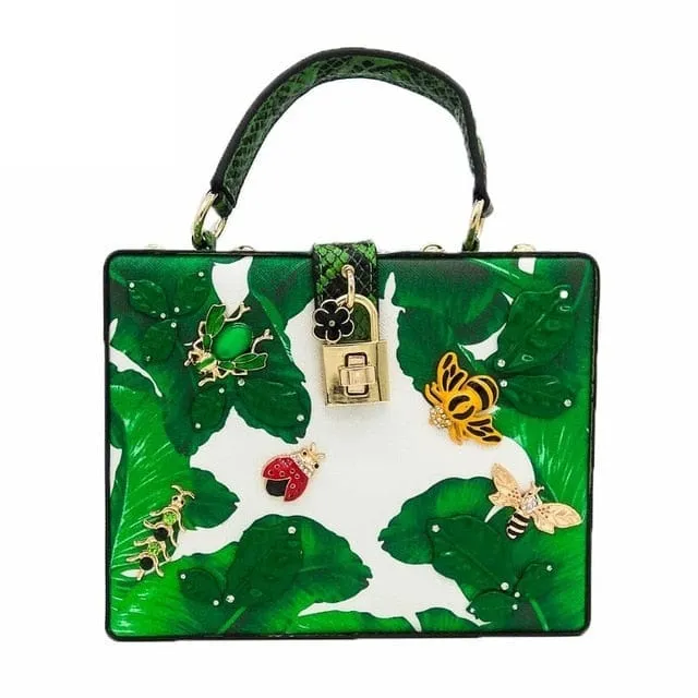 Animal Embroidery Beading Green Evening Bag Box Clutch
