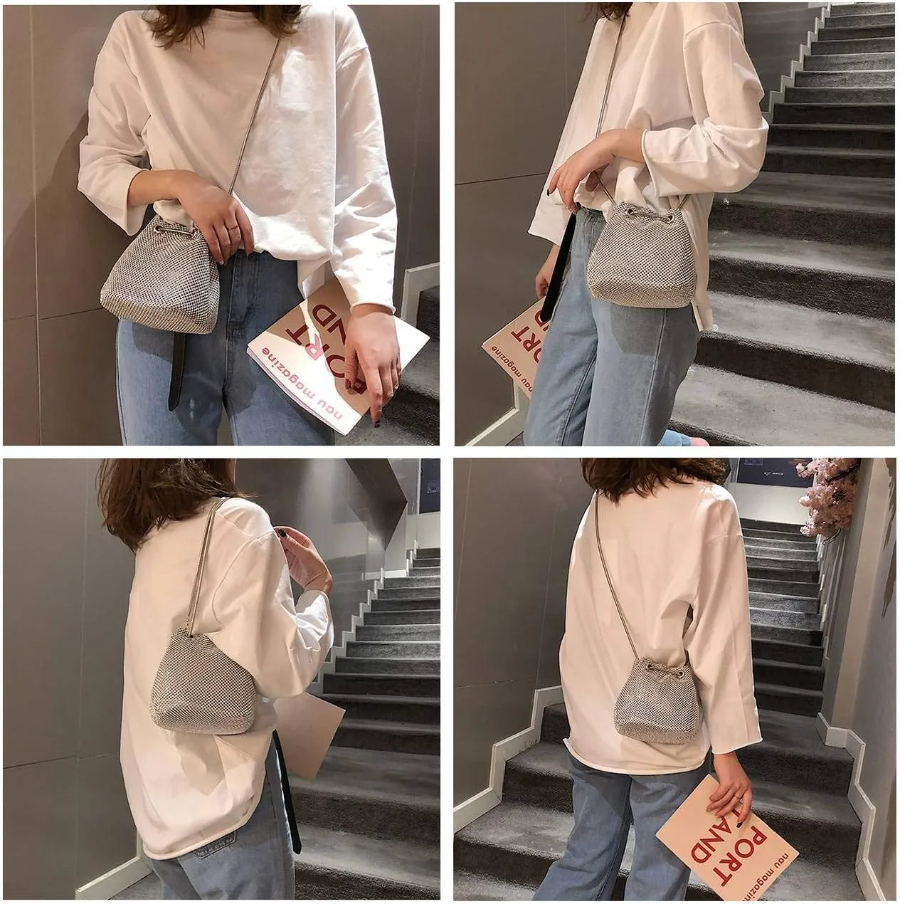 Ayliss Women's Full Rhinestones Bucket Bag Mini/Small Crossbody Shoulder Evening Shinny Bling Clutch Purse Bucket Handbag