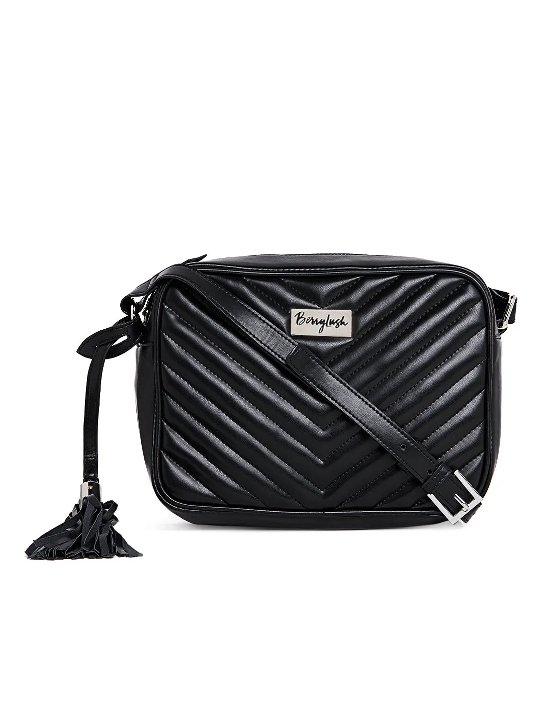 Berrylush Women Solid Black Detachable Sling Strap PU Quilted Smart Casual Regular Sling Bag