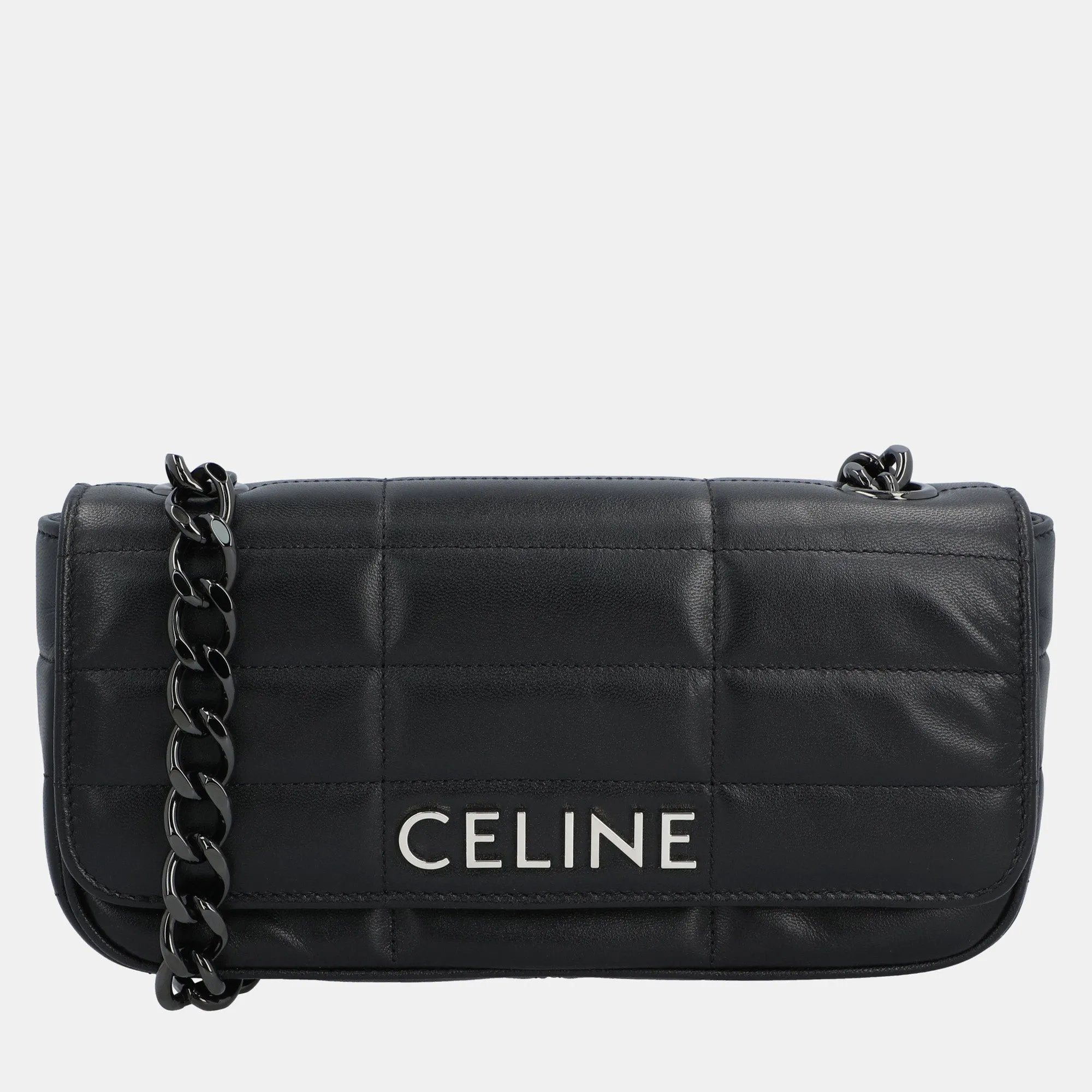 Black Leather Monochrome Matelasse Chain Shoulder Bag
