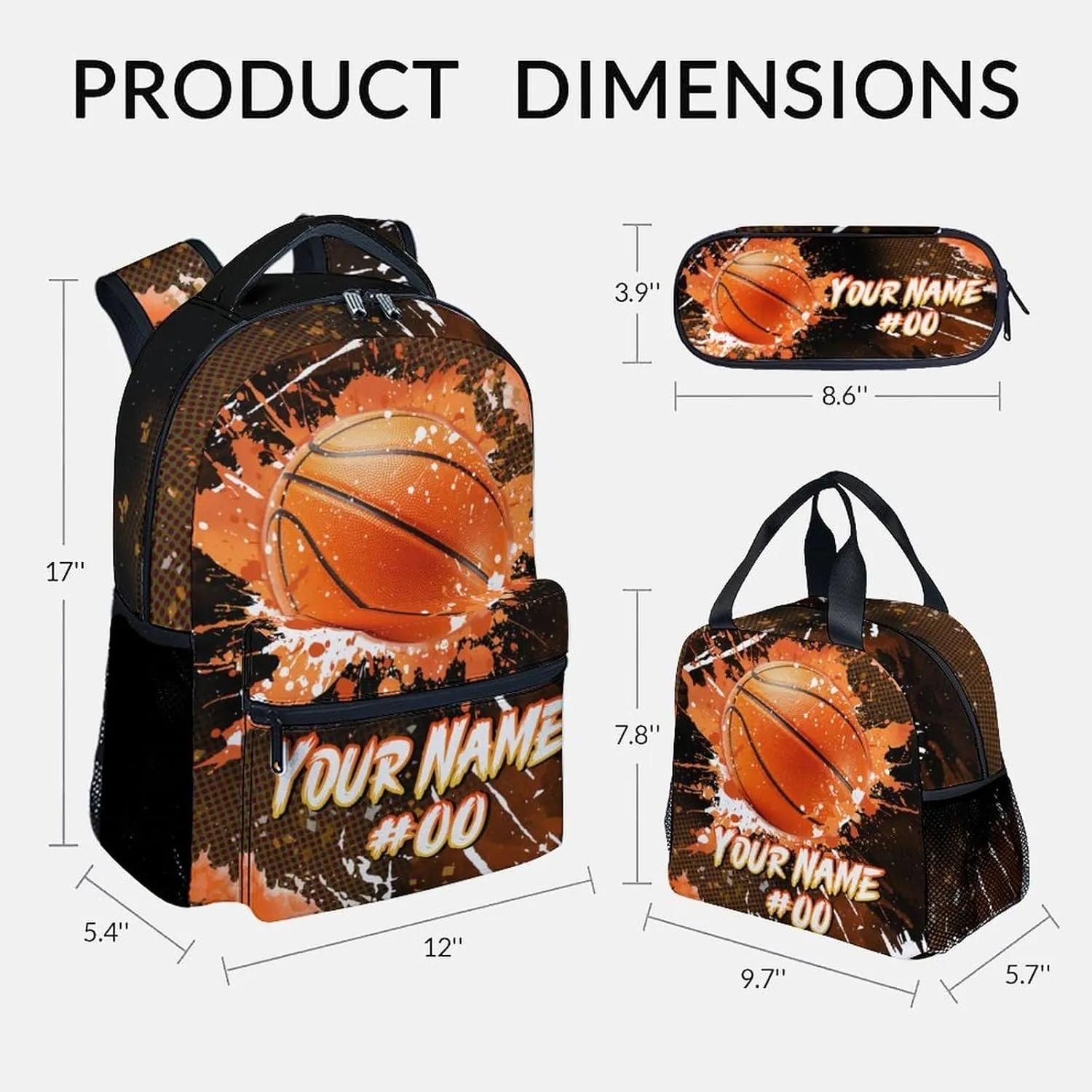 Boys Backpack Set - Personalized Basketball Backpacks for Kids - Sports Theme Bookbag for Elementary Middle School - Cool School Bag with Lunch Box & Pencil Case