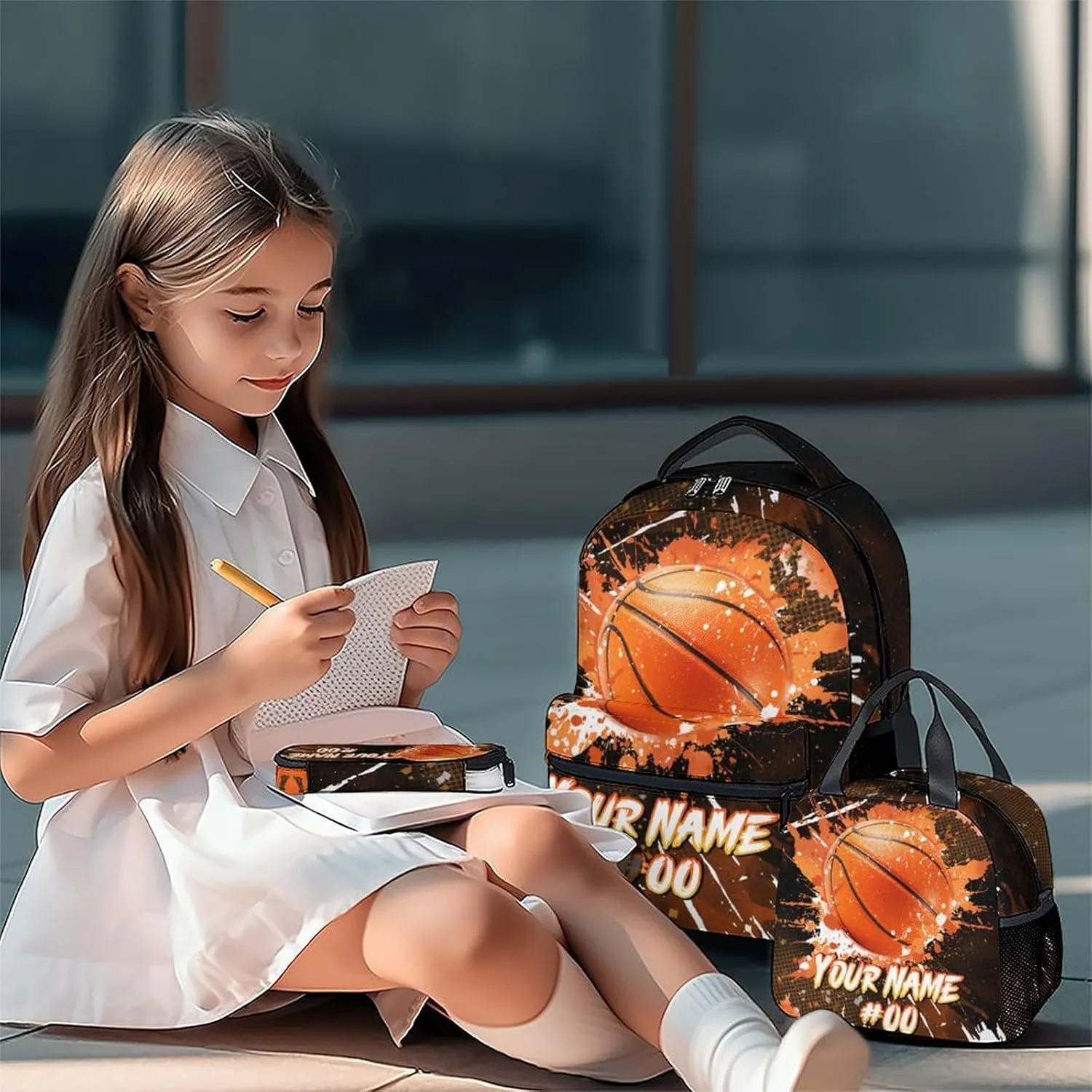 Boys Backpack Set - Personalized Basketball Backpacks for Kids - Sports Theme Bookbag for Elementary Middle School - Cool School Bag with Lunch Box & Pencil Case
