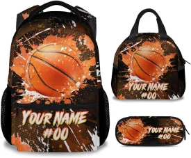 Boys Backpack Set - Personalized Basketball Backpacks for Kids - Sports Theme Bookbag for Elementary Middle School - Cool School Bag with Lunch Box & Pencil Case
