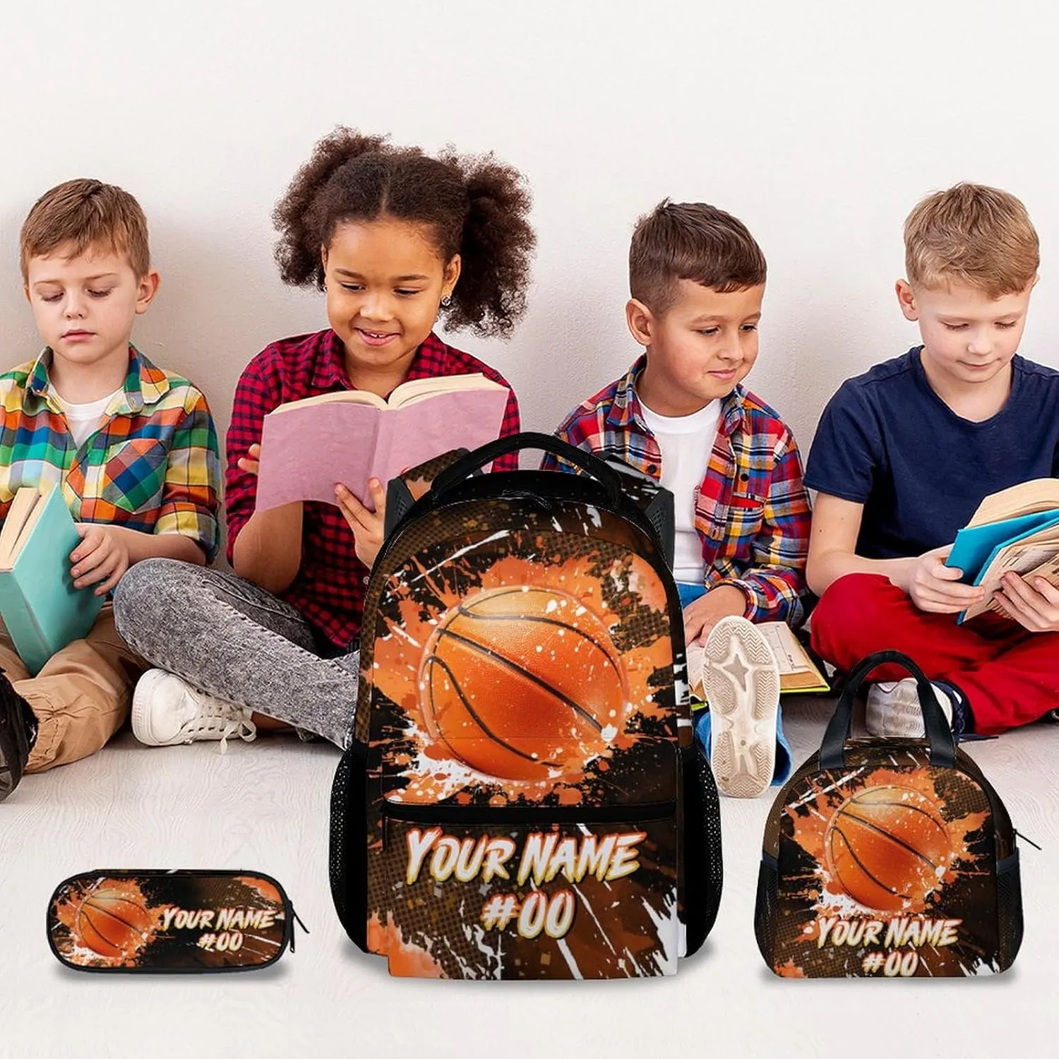 Boys Backpack Set - Personalized Basketball Backpacks for Kids - Sports Theme Bookbag for Elementary Middle School - Cool School Bag with Lunch Box & Pencil Case