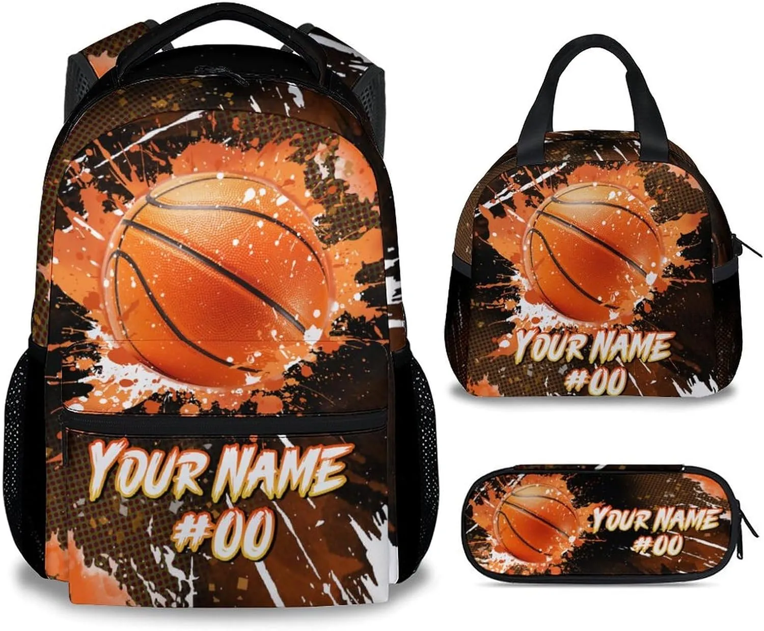Boys Backpack Set - Personalized Basketball Backpacks for Kids - Sports Theme Bookbag for Elementary Middle School - Cool School Bag with Lunch Box & Pencil Case