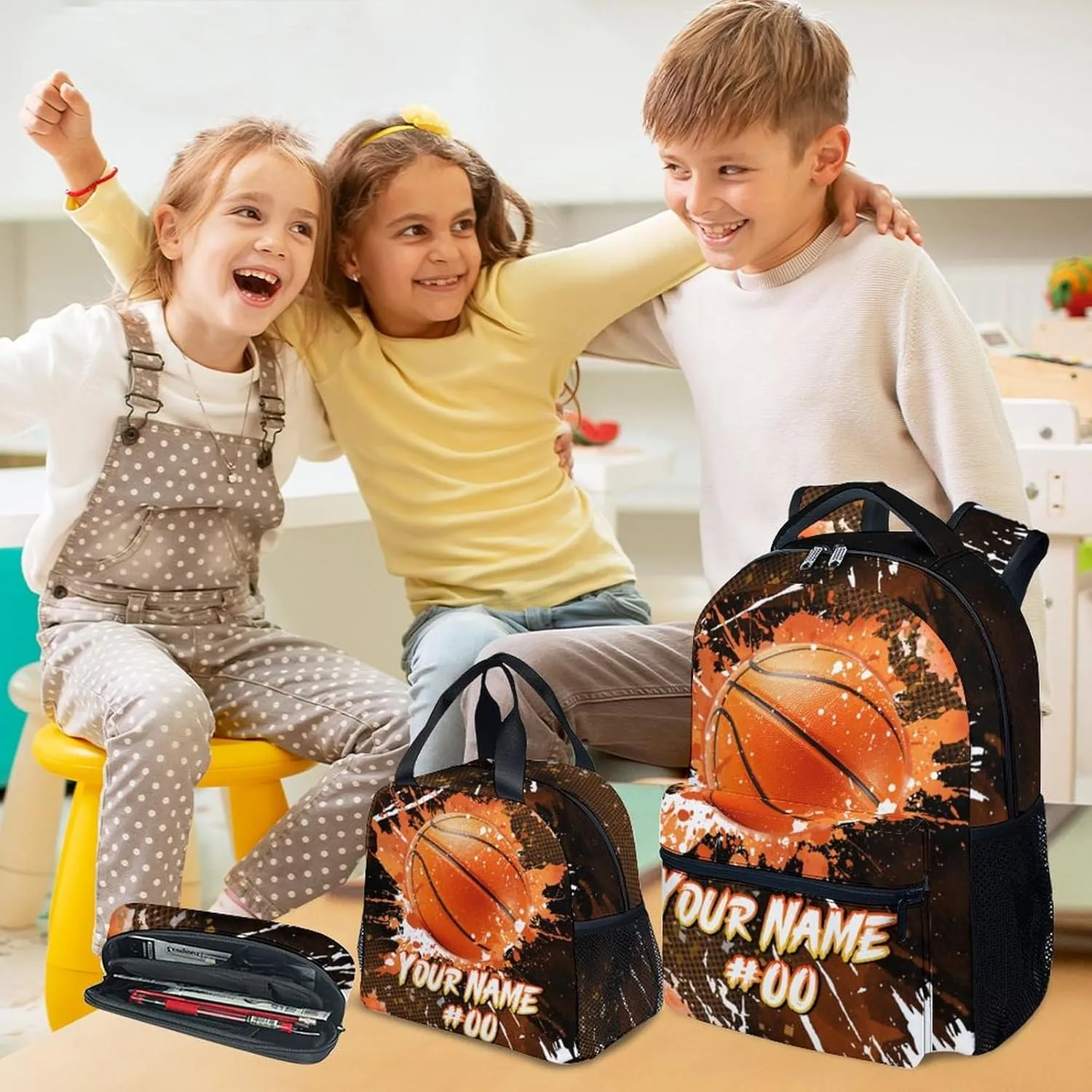 Boys Backpack Set - Personalized Basketball Backpacks for Kids - Sports Theme Bookbag for Elementary Middle School - Cool School Bag with Lunch Box & Pencil Case