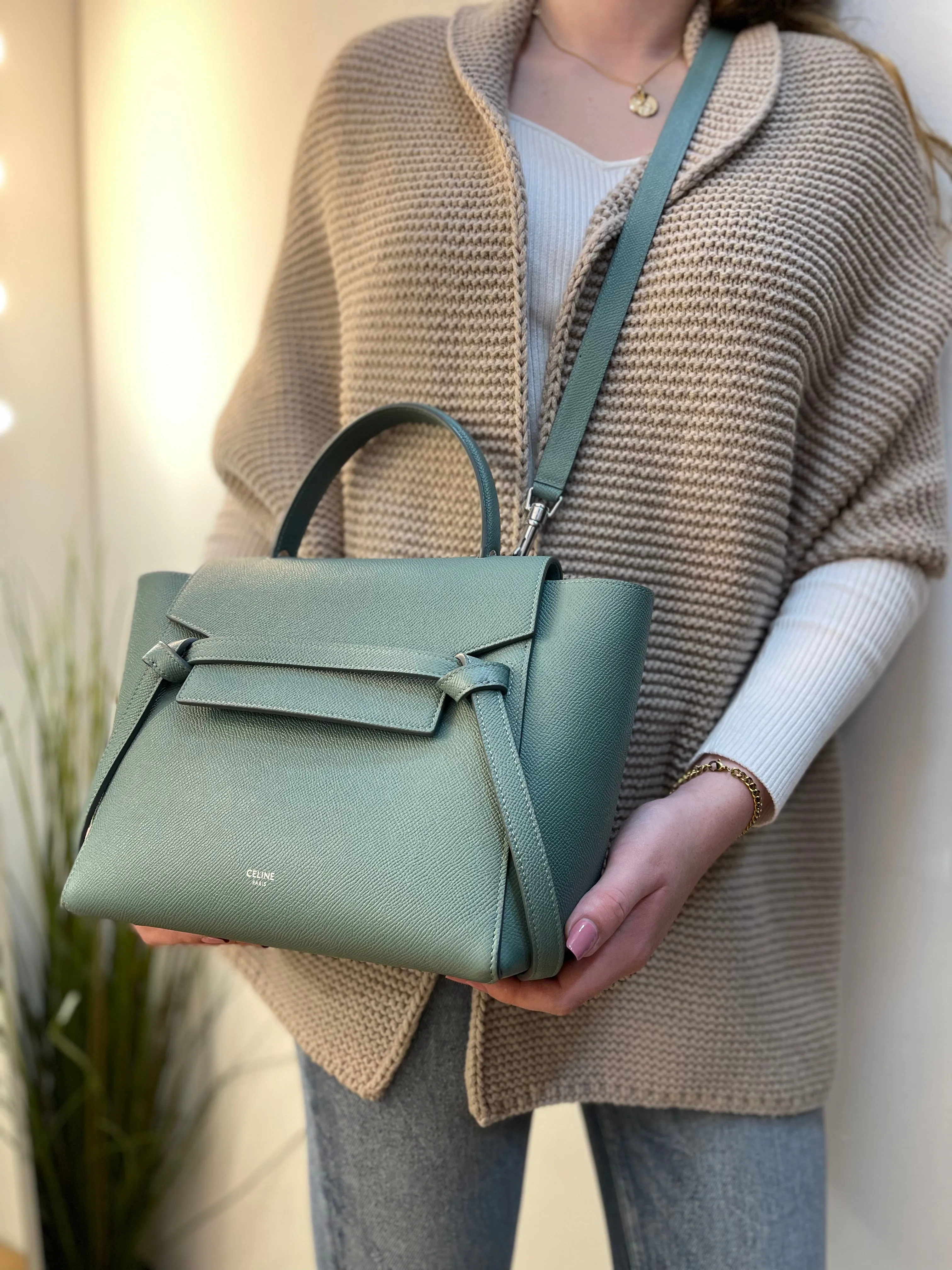 Celine Sea Green Grained Calfskin Leather "Micro Beltbag" Crossbody