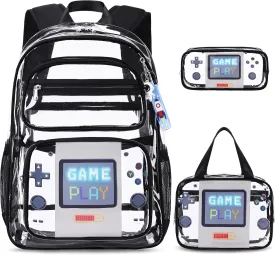 Clear Backpack for Boys Girls - 3 Pcs Clear Heavy Duty with Lunch Bag - See Through Backpack Stadium Approved
