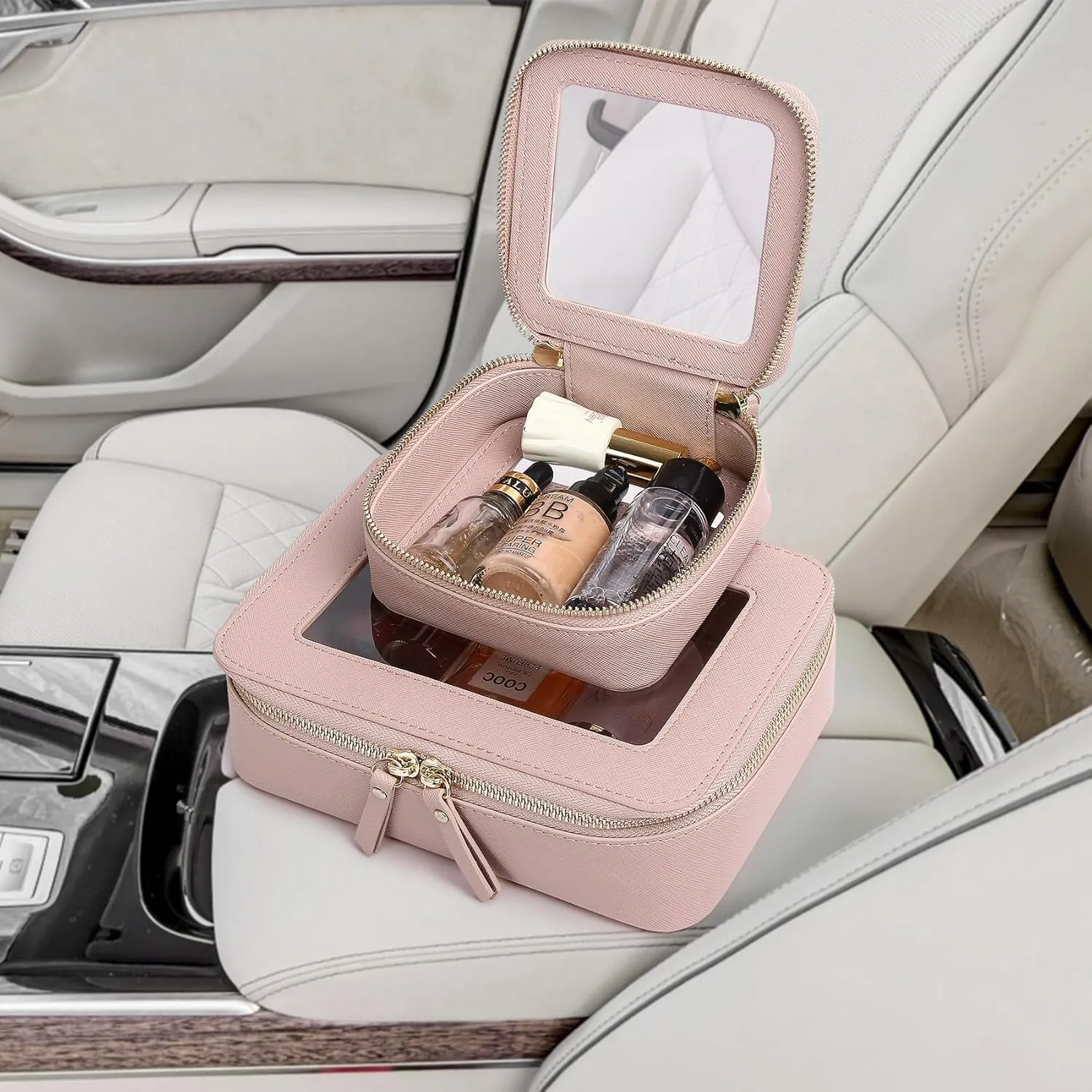 Clear Makeup Bag Waterproof Travel Case for Cosmetics and Toiletries Women's Purse Organizer and Clear Car Bag with Zipper (Pink, M MINI)