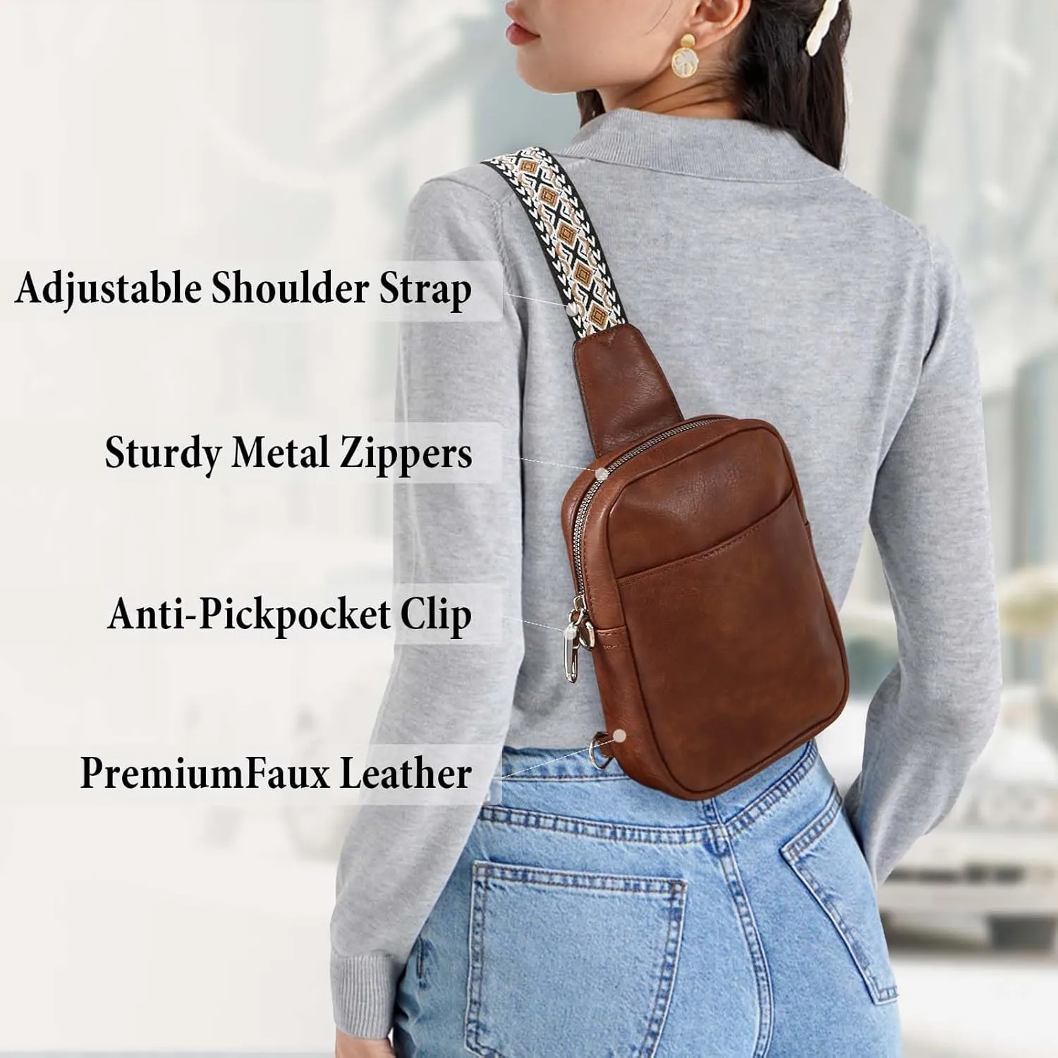 Crossbody Sling Bag for Women Man Anti Theft Vegan Leather Bag Anti Pickpocket Zipper Clip RFID Blocking Chest Bags