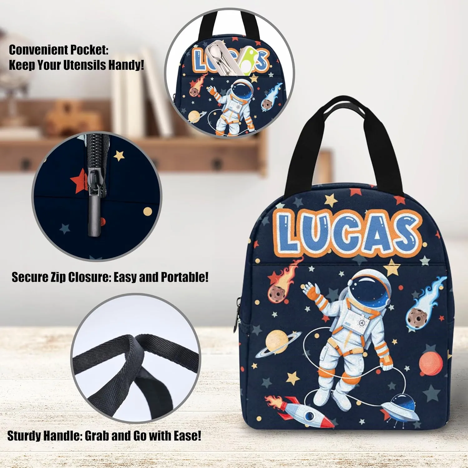 Custom Personalized Backpack for Boys with Lunch Box - Astronaut Design for Primary School Students and Travel