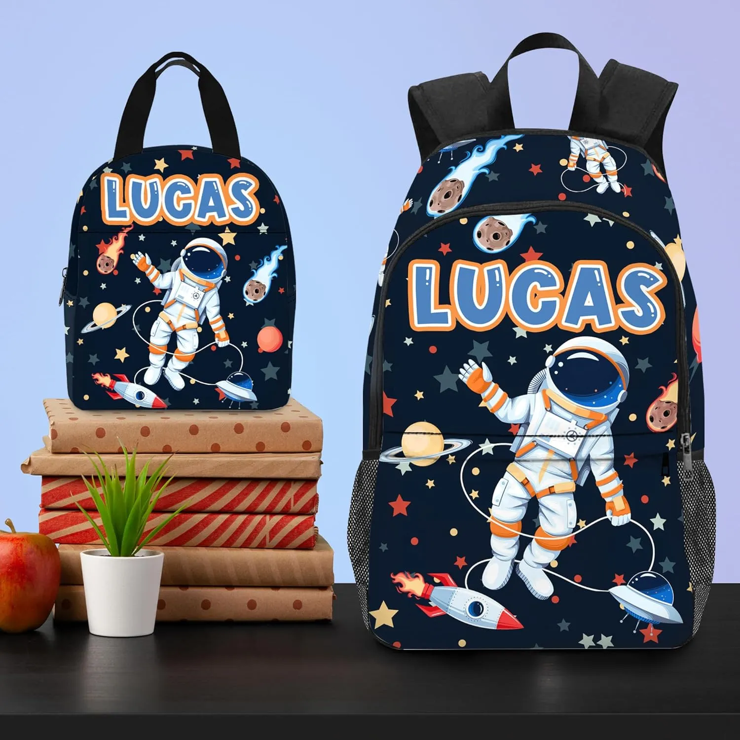 Custom Personalized Backpack for Boys with Lunch Box - Astronaut Design for Primary School Students and Travel