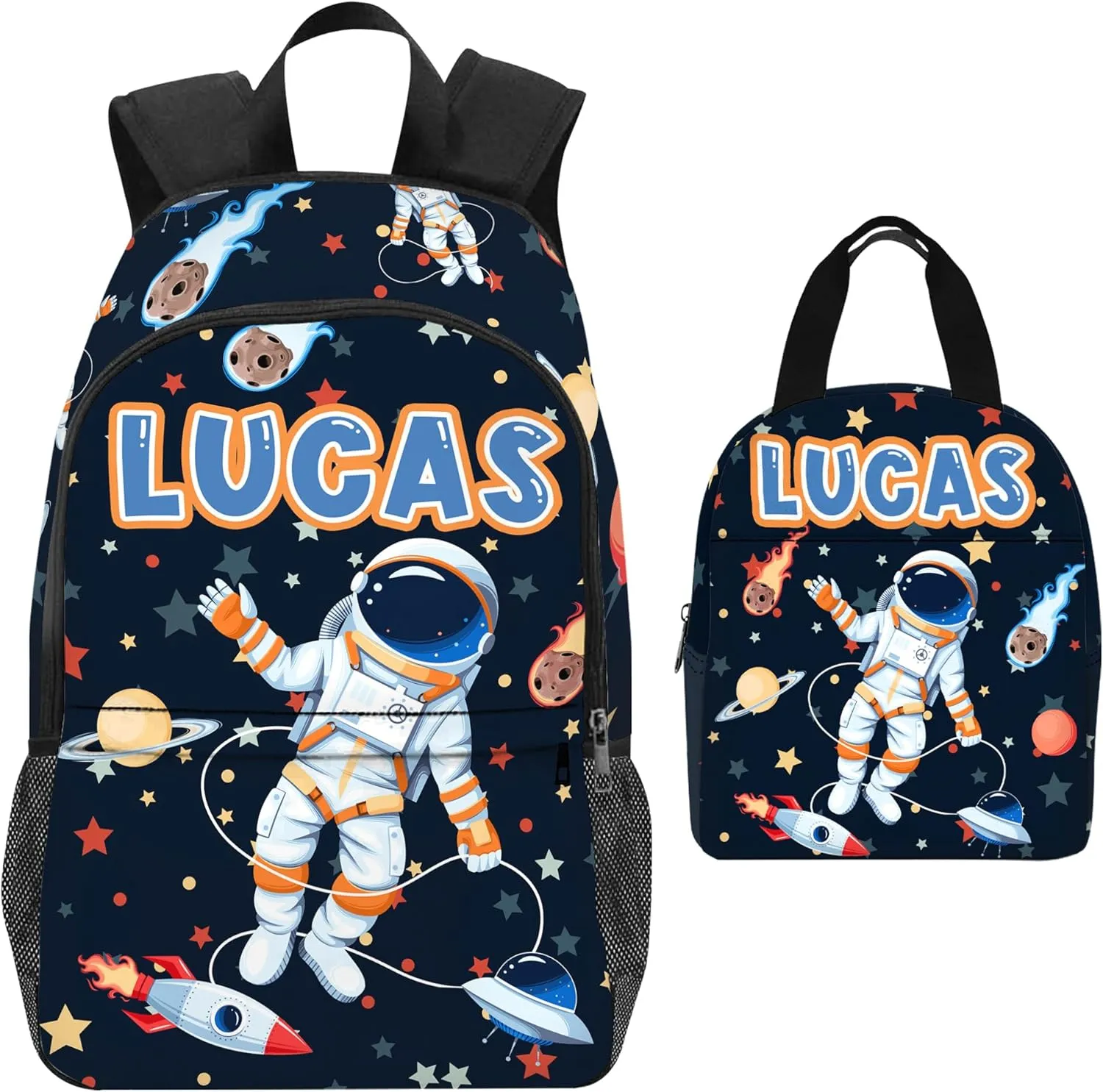 Custom Personalized Backpack for Boys with Lunch Box - Astronaut Design for Primary School Students and Travel