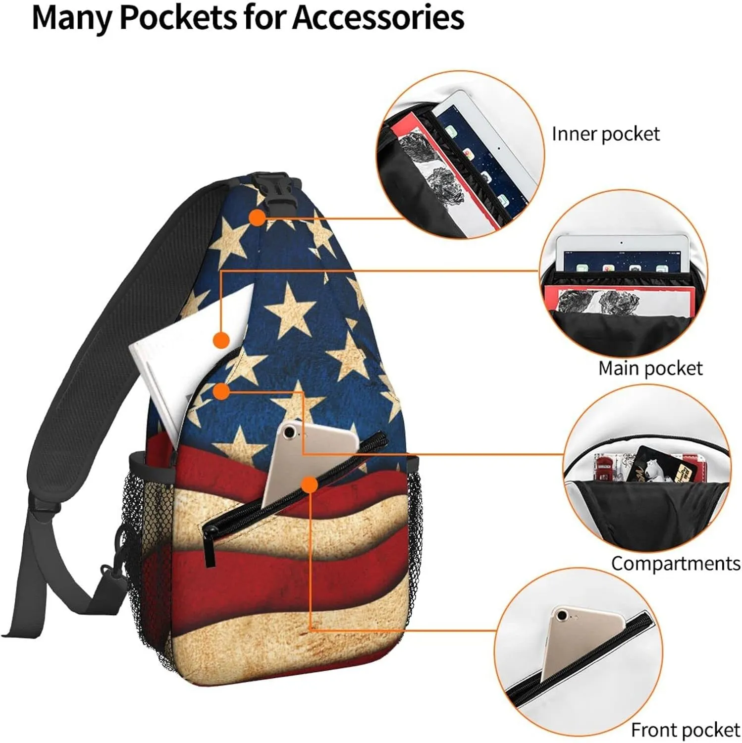 Dujiea Crossbody Backpack For Men Women Sling Bag, Vintage American Flag Chest Bag Shoulder Bag Lightweight One Strap Backpack Multipurpose Travel Hiking Daypack