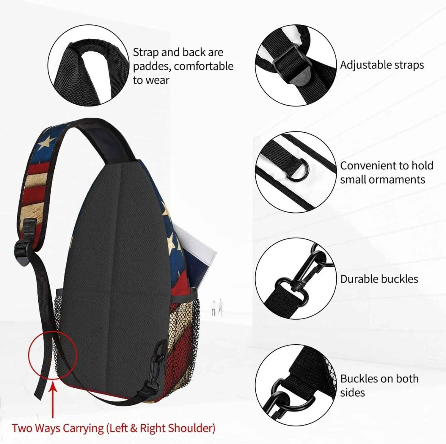Dujiea Crossbody Backpack For Men Women Sling Bag, Vintage American Flag Chest Bag Shoulder Bag Lightweight One Strap Backpack Multipurpose Travel Hiking Daypack