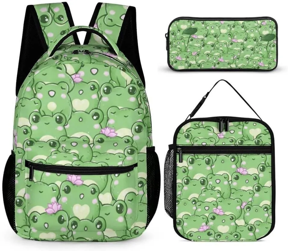 Frog Backpack with Lunch Box & Pencil Case for Kids Girls Boys School, 16 Inch Cute Frogs Bookbag, School Backpack for Students Children, Lightweight, Large Capacity
