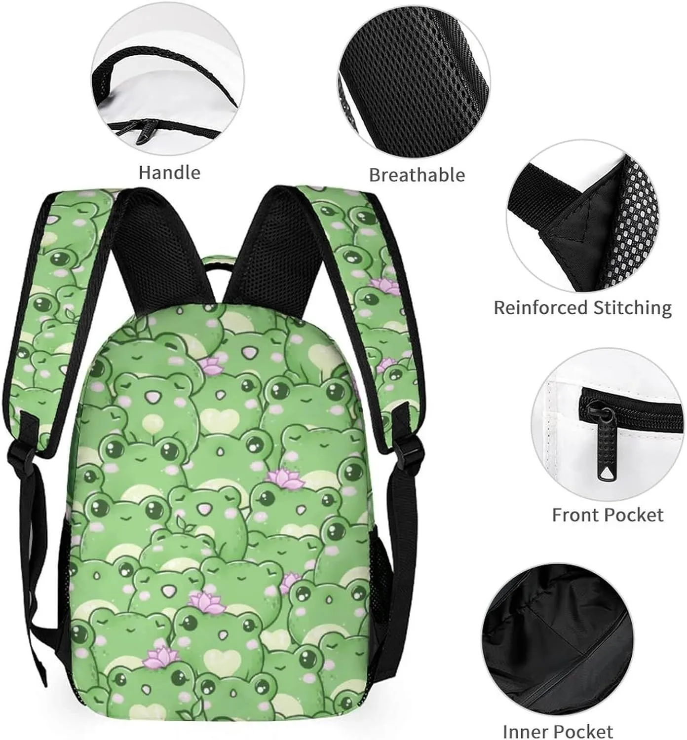 Frog Backpack with Lunch Box & Pencil Case for Kids Girls Boys School, 16 Inch Cute Frogs Bookbag, School Backpack for Students Children, Lightweight, Large Capacity