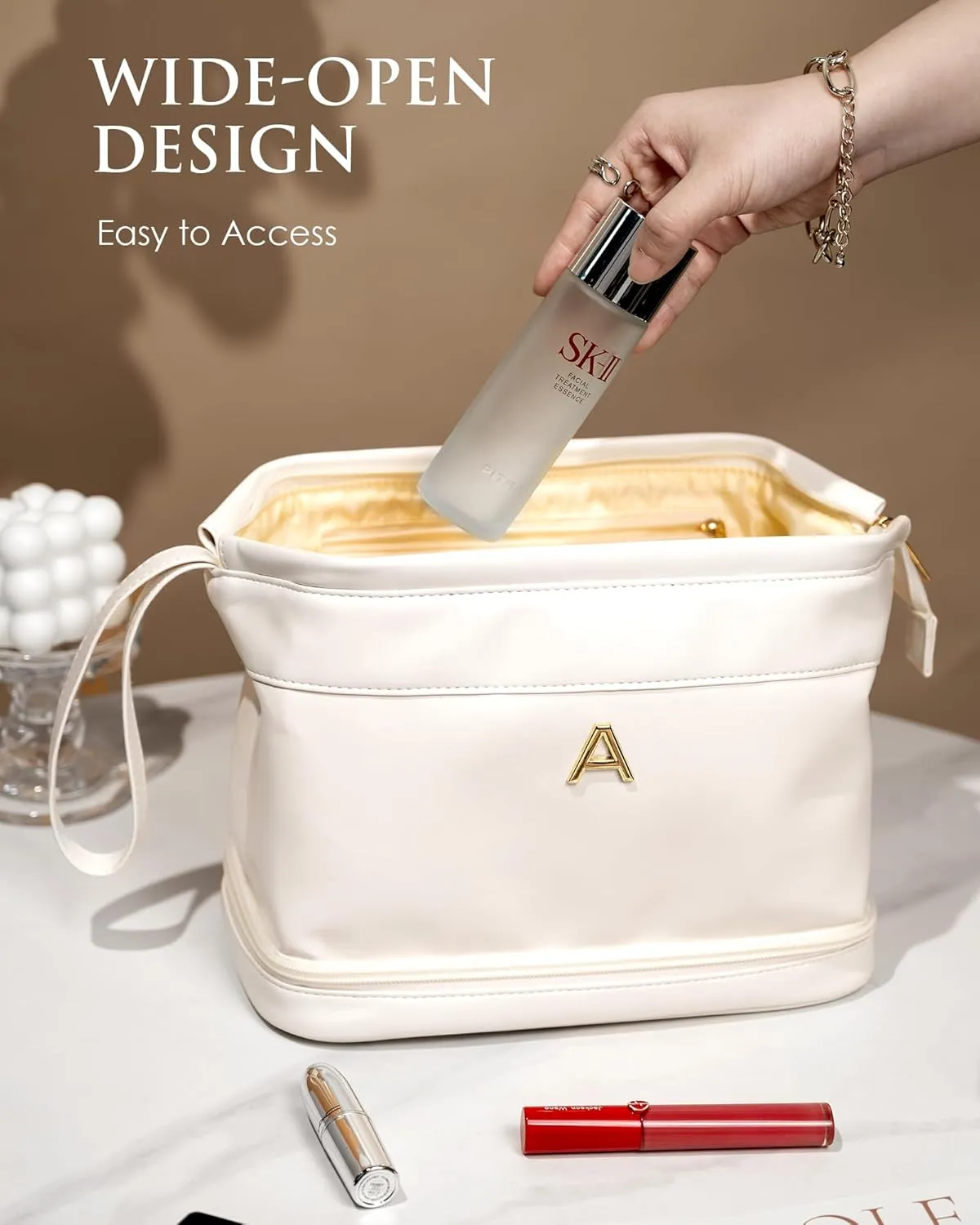 Gifts for Girls, Initial Large Makeup Bag, Personalized Double Layer Cosmetic Bag with Makeup Brush Organizer, PU Leather Travel Toiletry Bag Gift For Daughter, Preppy Things For Girls