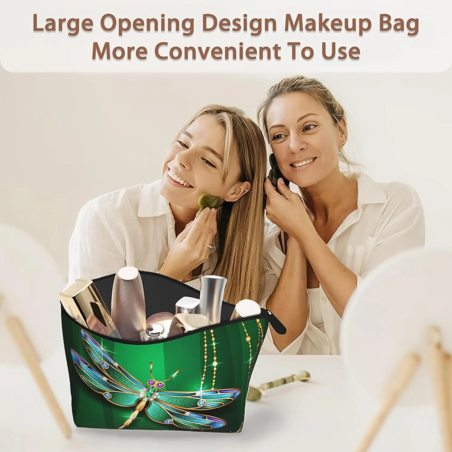Green Jewel Dragonfly Travel Makeup Bag,Sparkling Cosmetic Bags Small Waterproof Zipper Women Purse Mini Portable Traveling Organizer Pouch for Ladies Thanksgiving Gifts