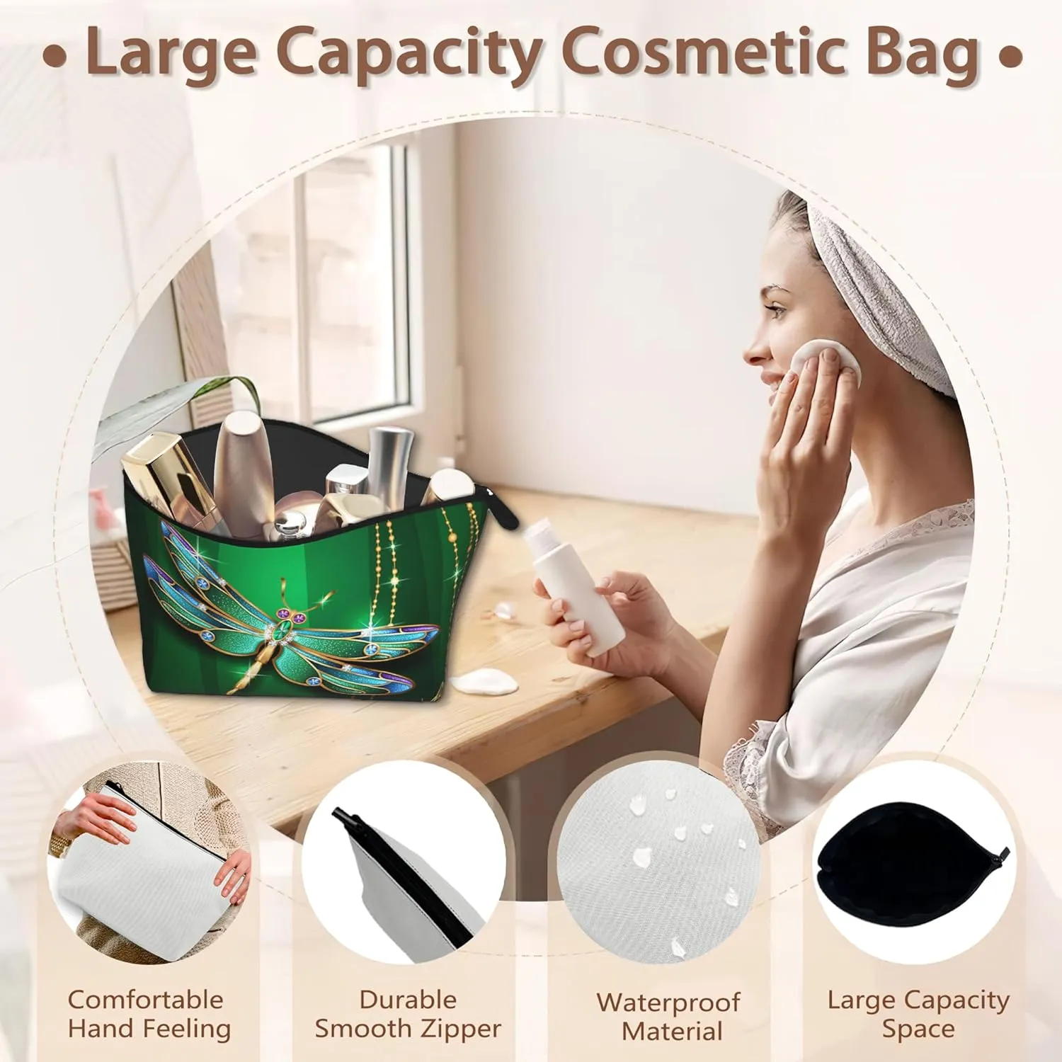 Green Jewel Dragonfly Travel Makeup Bag,Sparkling Cosmetic Bags Small Waterproof Zipper Women Purse Mini Portable Traveling Organizer Pouch for Ladies Thanksgiving Gifts