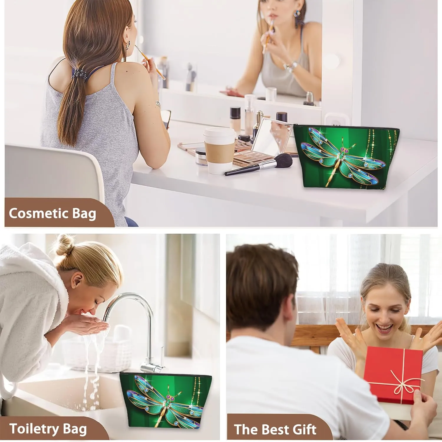 Green Jewel Dragonfly Travel Makeup Bag,Sparkling Cosmetic Bags Small Waterproof Zipper Women Purse Mini Portable Traveling Organizer Pouch for Ladies Thanksgiving Gifts