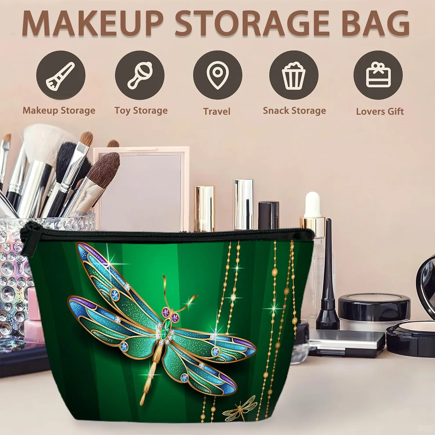 Green Jewel Dragonfly Travel Makeup Bag,Sparkling Cosmetic Bags Small Waterproof Zipper Women Purse Mini Portable Traveling Organizer Pouch for Ladies Thanksgiving Gifts