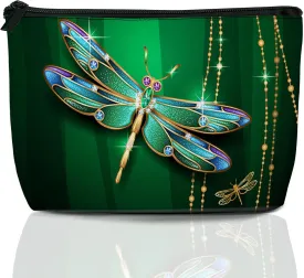 Green Jewel Dragonfly Travel Makeup Bag,Sparkling Cosmetic Bags Small Waterproof Zipper Women Purse Mini Portable Traveling Organizer Pouch for Ladies Thanksgiving Gifts