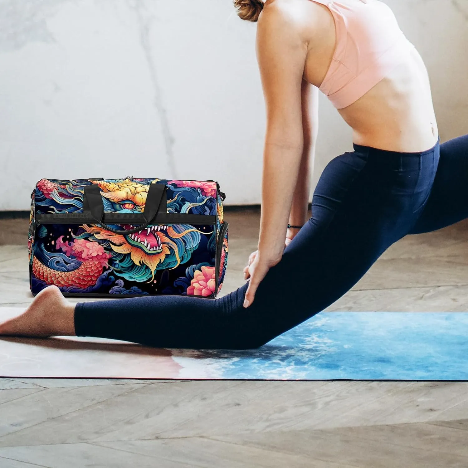Gym Bag for Women, Carry on Weekender Overnight Bag, Travel Duffel Bags, Personal Item Travel Bag Tote Bag Workout Dance Bag, Chinese Dragon - 7