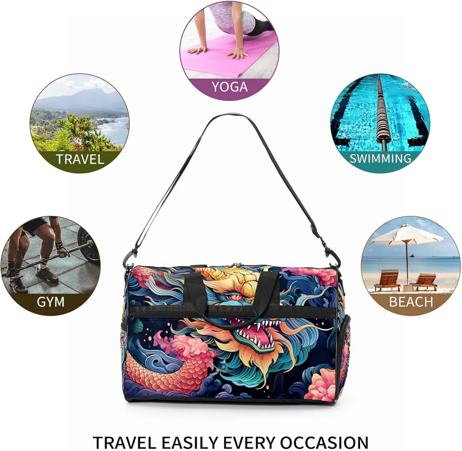 Gym Bag for Women, Carry on Weekender Overnight Bag, Travel Duffel Bags, Personal Item Travel Bag Tote Bag Workout Dance Bag, Chinese Dragon - 7