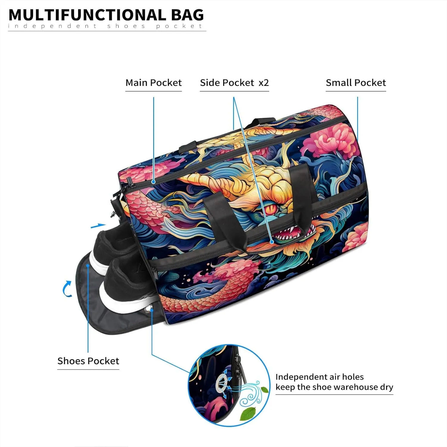 Gym Bag for Women, Carry on Weekender Overnight Bag, Travel Duffel Bags, Personal Item Travel Bag Tote Bag Workout Dance Bag, Chinese Dragon - 7