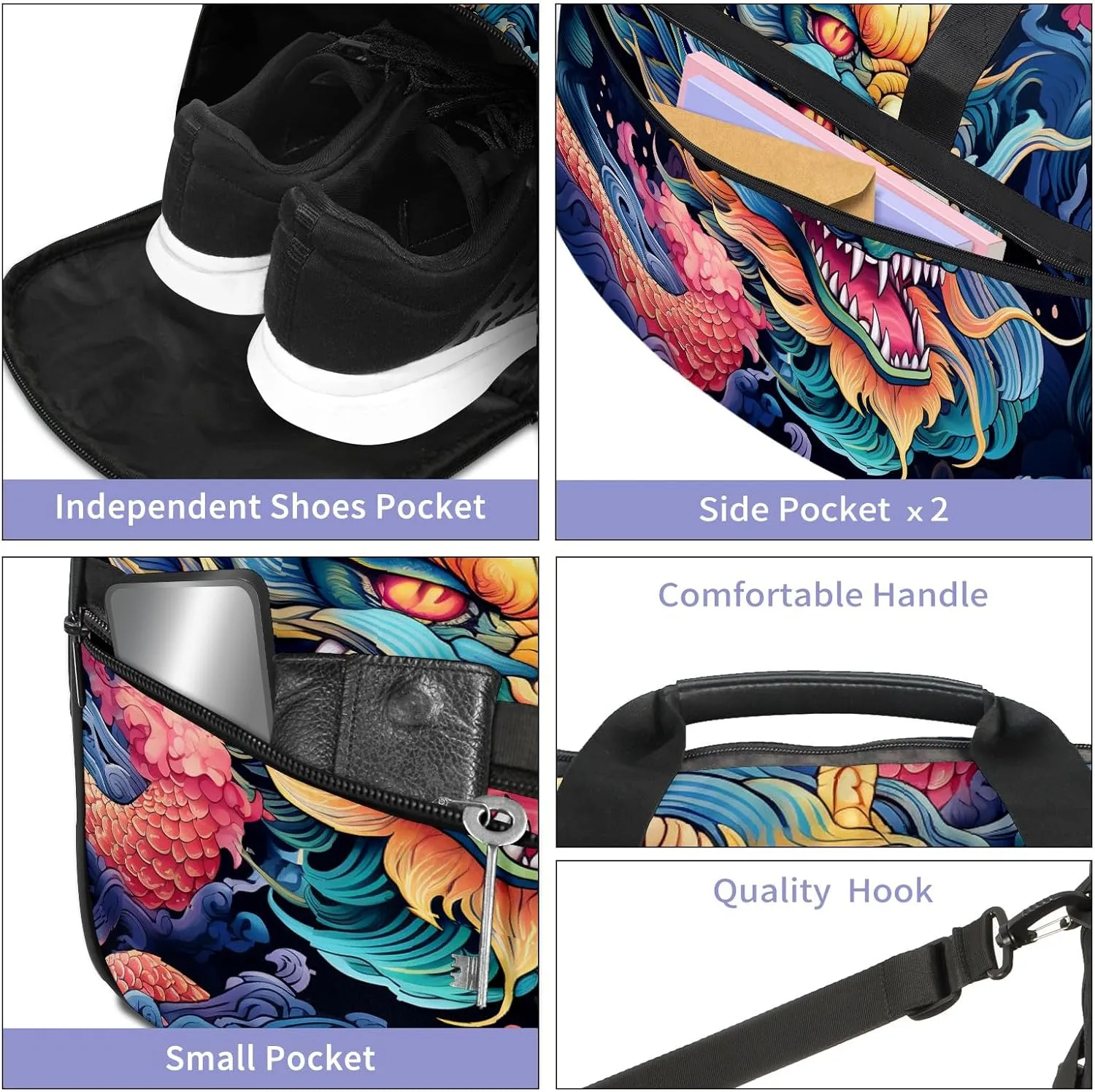 Gym Bag for Women, Carry on Weekender Overnight Bag, Travel Duffel Bags, Personal Item Travel Bag Tote Bag Workout Dance Bag, Chinese Dragon - 7