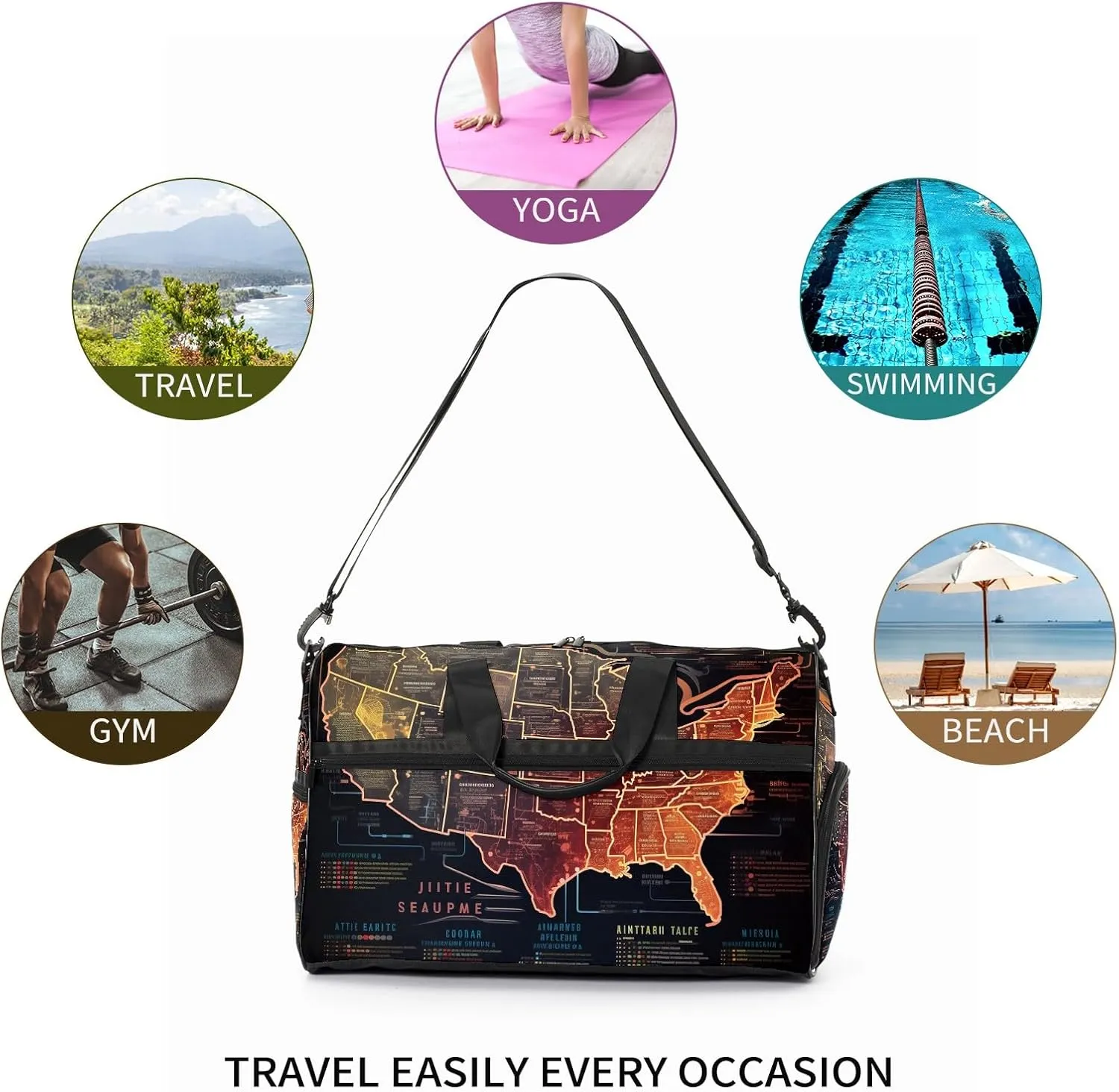 Gym Bag for Women Men, Yoga Bag with Shoe Pocket, Travel Duffel Tote Bag for Plane, Workout, Swimming, Weekend Overnight Bag Carry on Bag Hospital Holdalls, America Map - 40