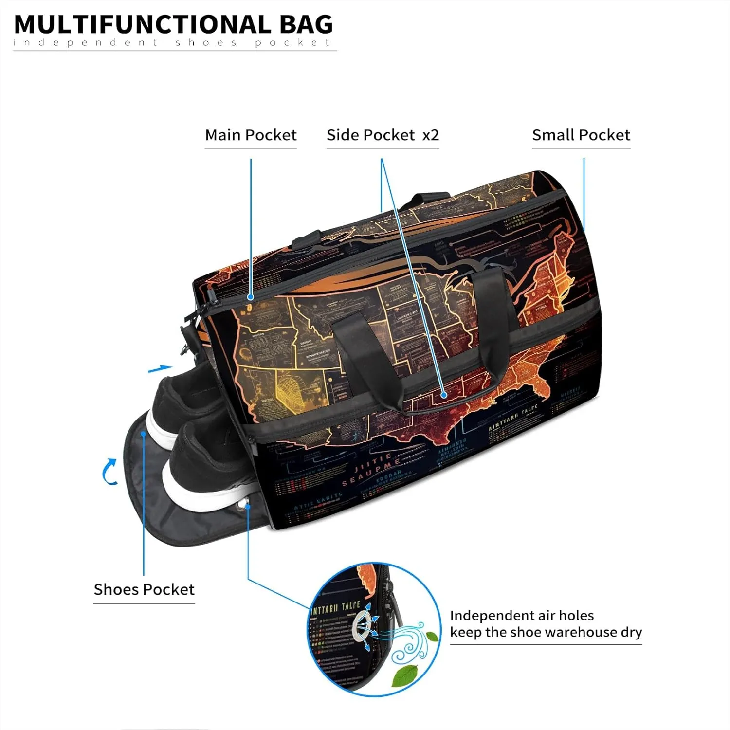 Gym Bag for Women Men, Yoga Bag with Shoe Pocket, Travel Duffel Tote Bag for Plane, Workout, Swimming, Weekend Overnight Bag Carry on Bag Hospital Holdalls, America Map - 40
