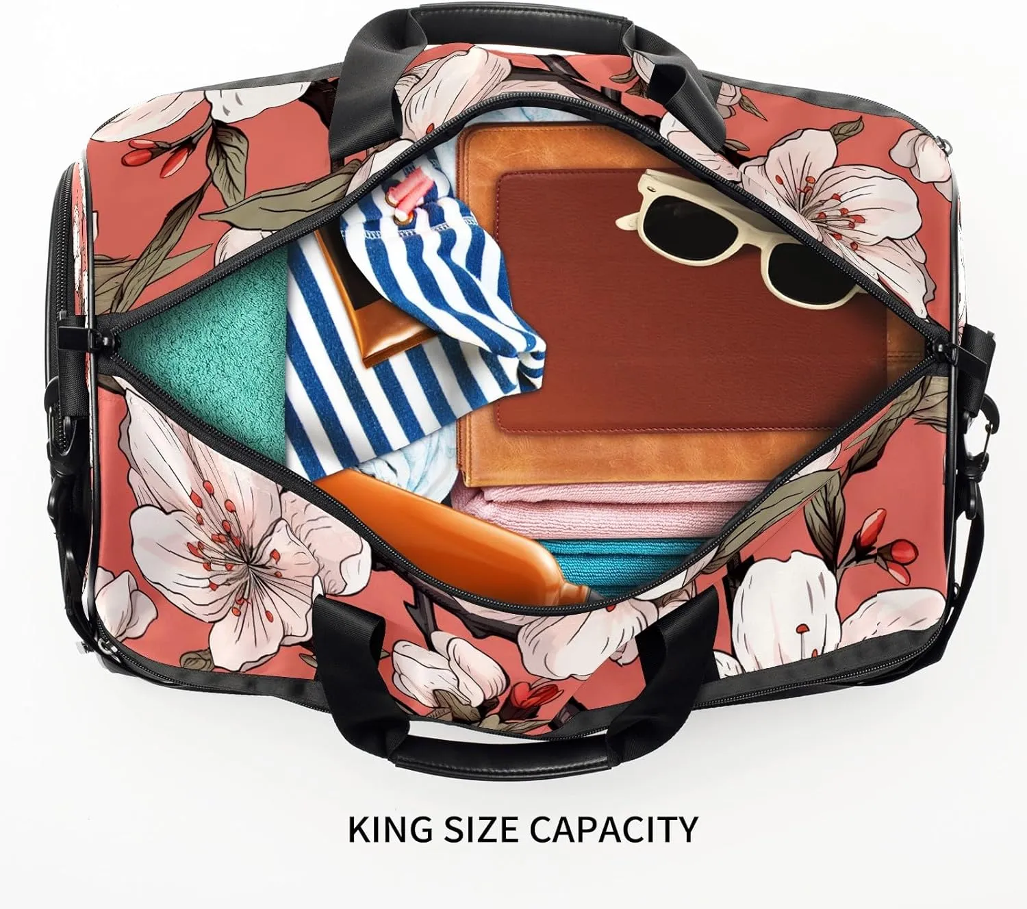 Gym Bag for Women Men, Yoga Bag with Shoe Pocket, Travel Duffel Tote Bag for Plane, Workout, Swimming, Weekend Overnight Bag Carry on Bag Hospital Holdalls, Cute Peach Blossom - 8