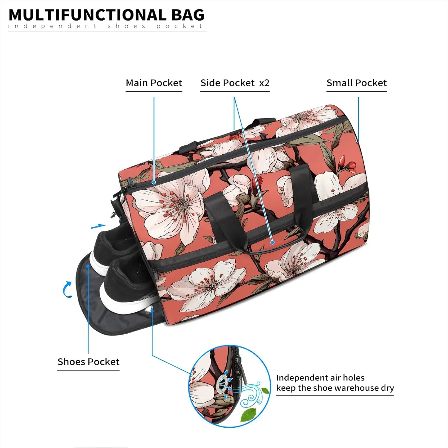 Gym Bag for Women Men, Yoga Bag with Shoe Pocket, Travel Duffel Tote Bag for Plane, Workout, Swimming, Weekend Overnight Bag Carry on Bag Hospital Holdalls, Cute Peach Blossom - 8