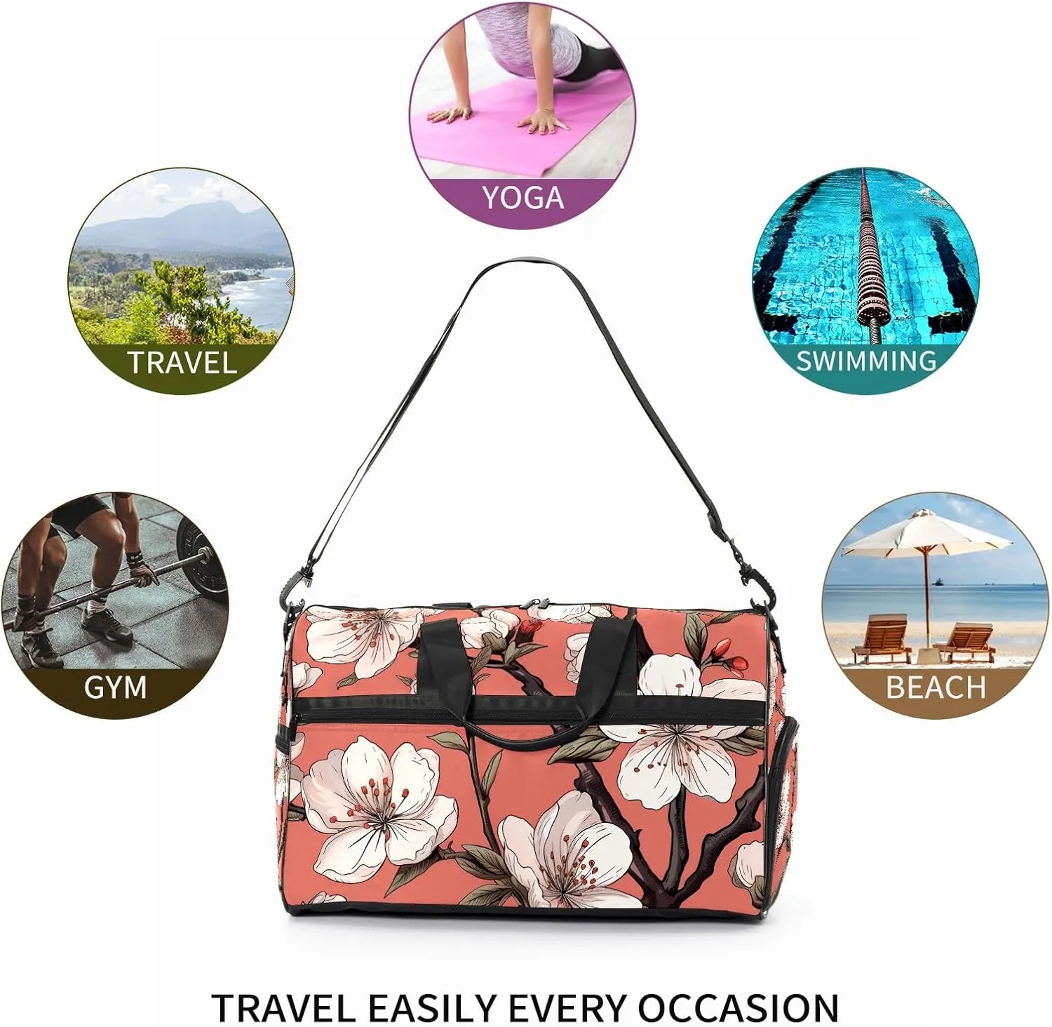 Gym Bag for Women Men, Yoga Bag with Shoe Pocket, Travel Duffel Tote Bag for Plane, Workout, Swimming, Weekend Overnight Bag Carry on Bag Hospital Holdalls, Cute Peach Blossom - 8