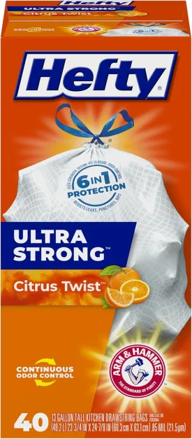 Hefty Ultra Strong 13 Gallon Trash Bags, Tall Kitchen Trash Bags 13 Gallon Size, Drawstring Closure, Continuous Odor Control, White, Citrus Twist Scent, 40 Bags