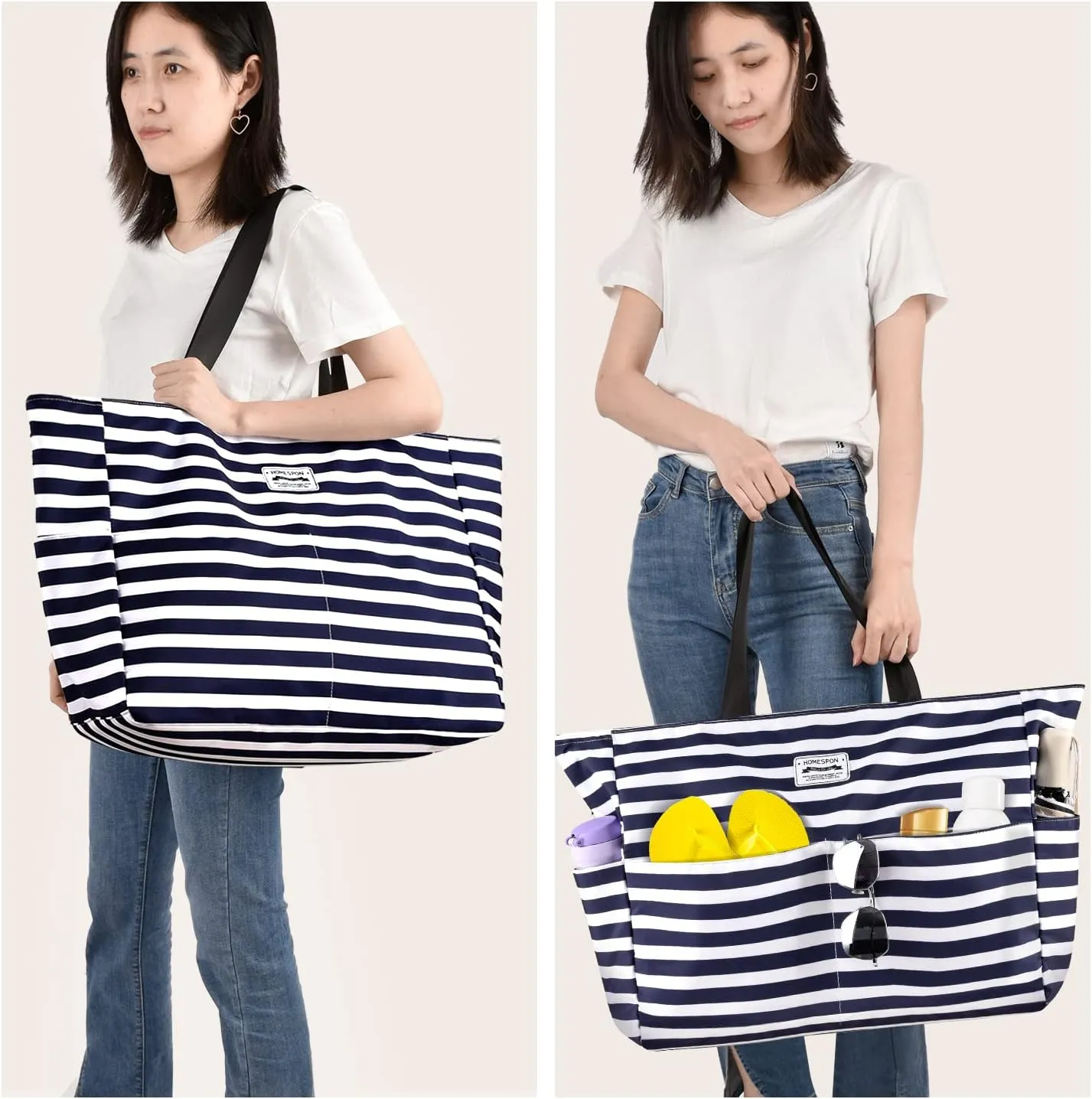 HOMESPON Large Waterproof Beach Bag for Women Sandproof Tote Bag Pool Bag with Zipper and Pockets for Travel Vacation Gym